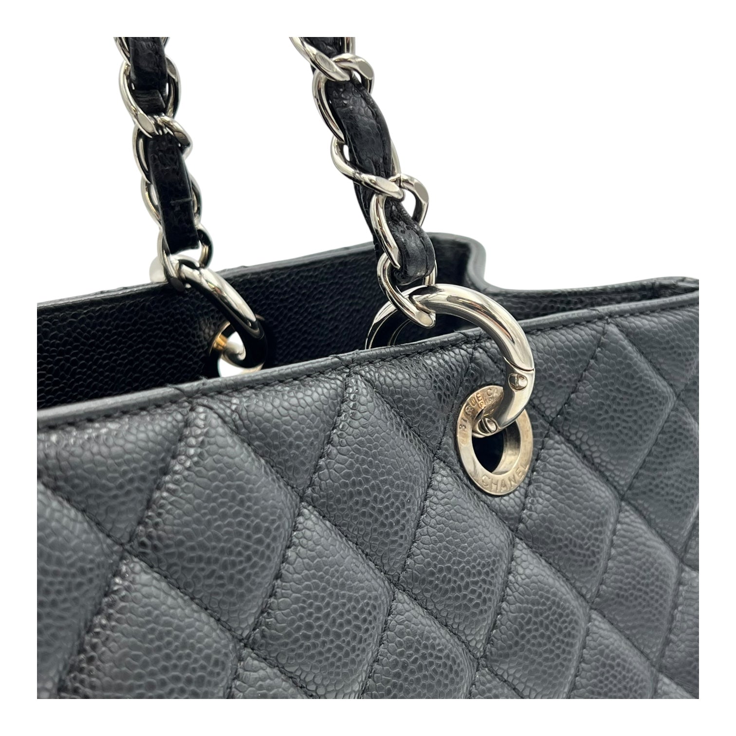 GST Black Tote Bag in Caviar Leather, Silver hardware