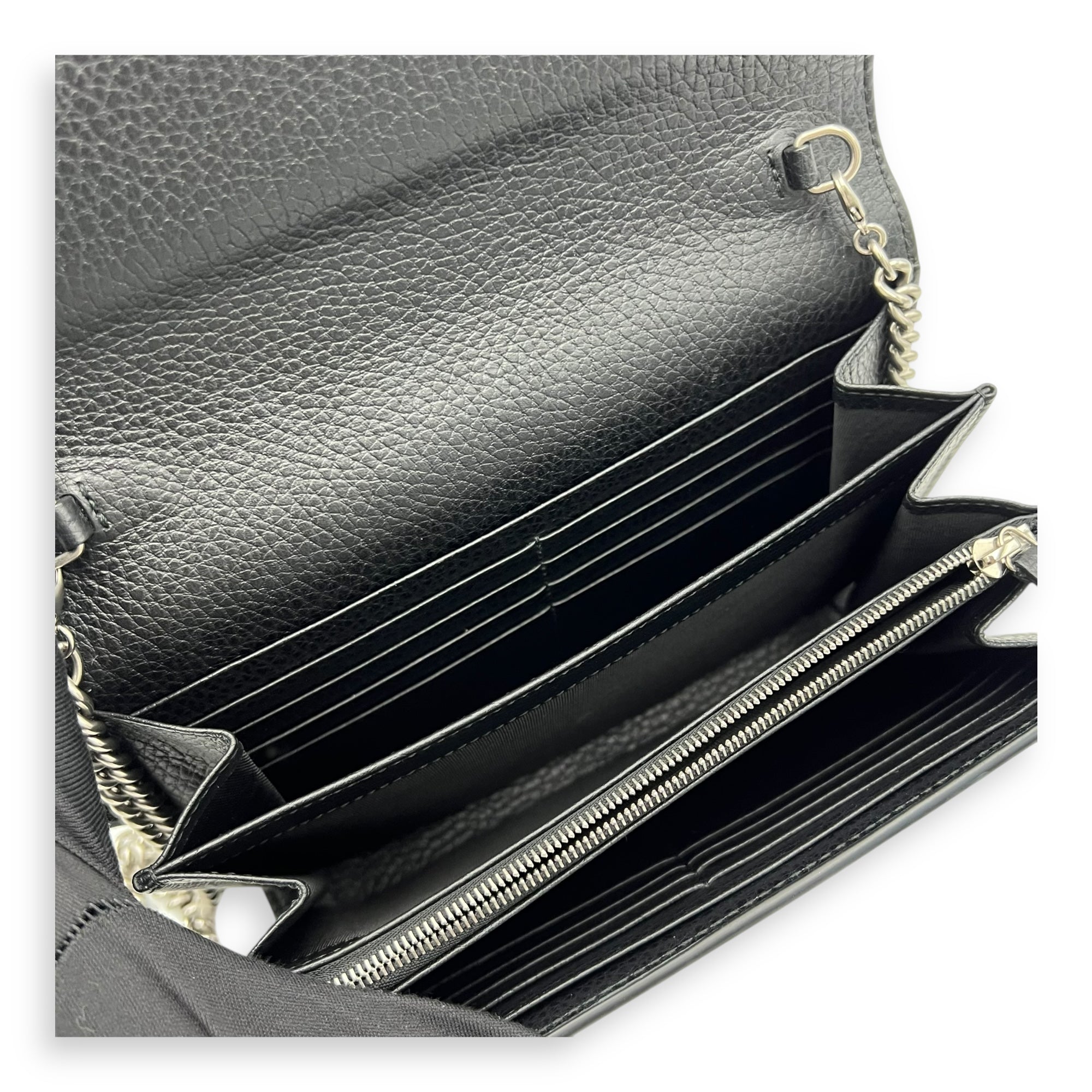 Dionysus Black Wallet On Chain in Calfskin, Silver hardware