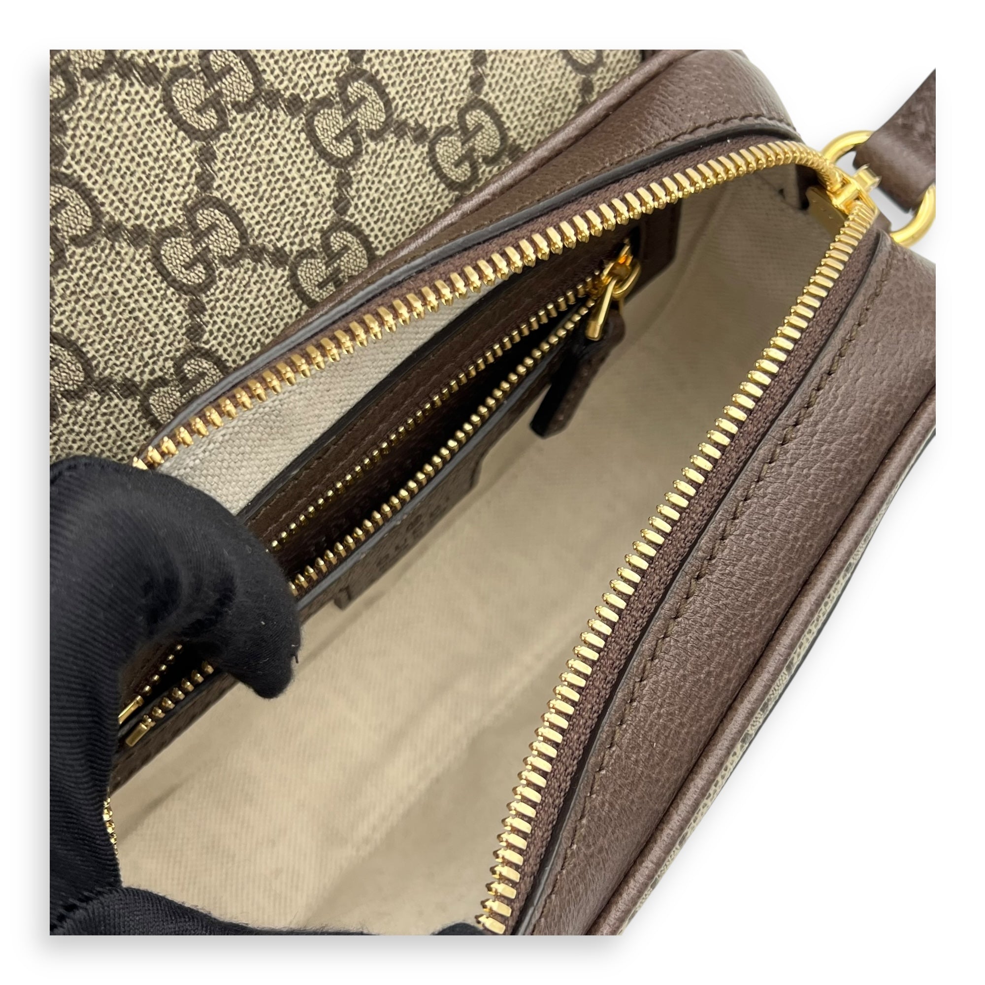 Ophidia Brown Crossbody Bag in Coated Canvas, Gold hardware