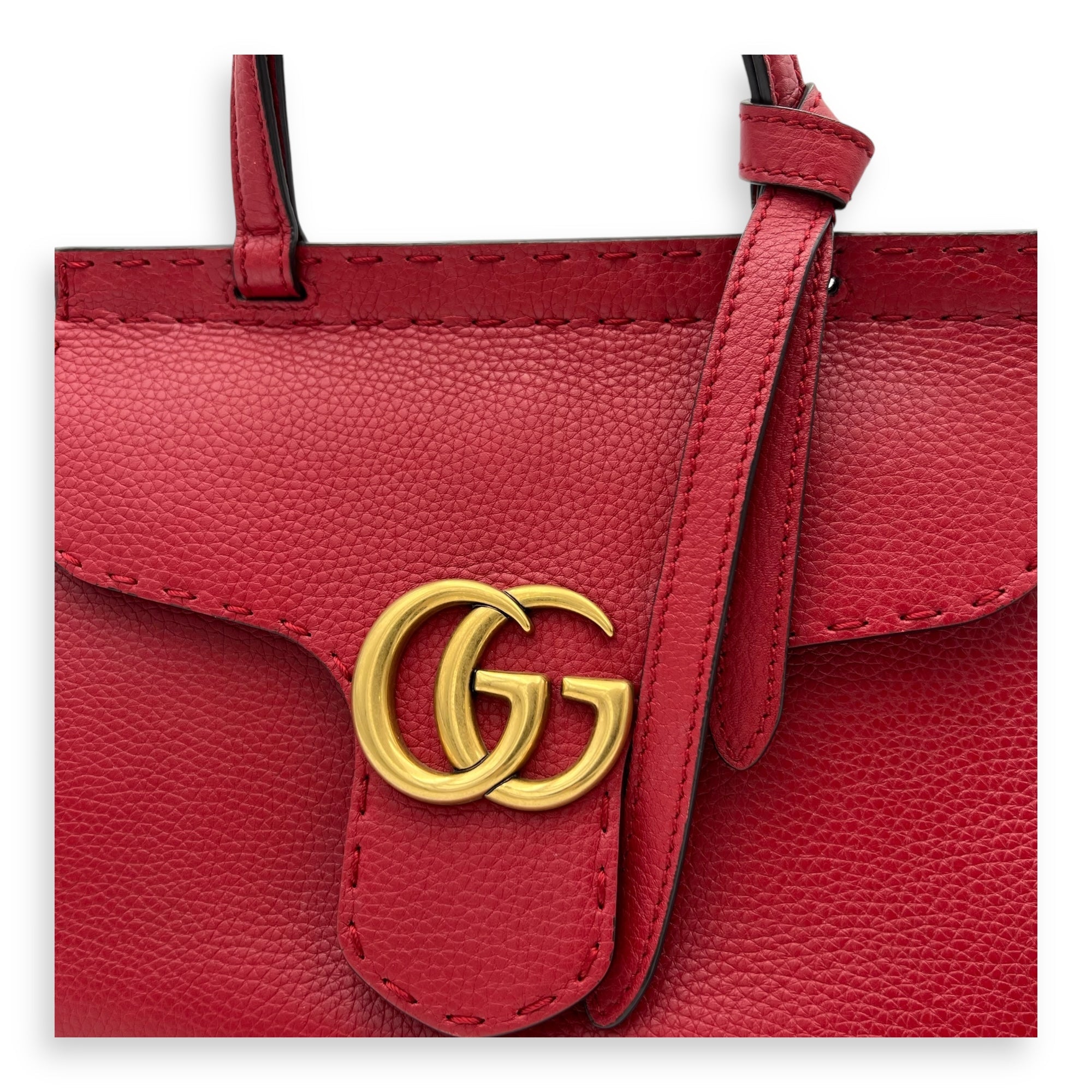 GG Marmont Top Handle Bag Red in Calfskin, Gold hardware