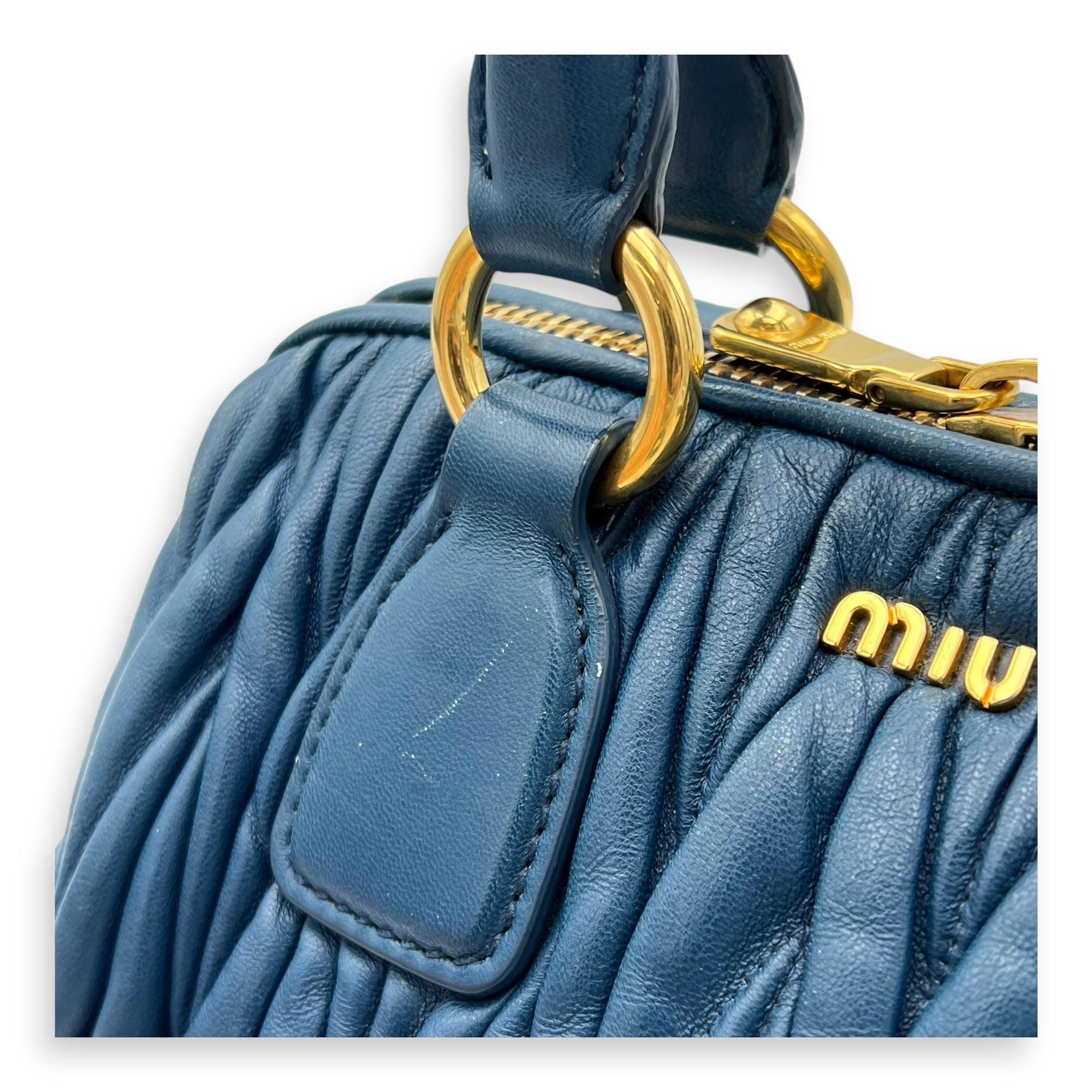 Gaufre Top Handle Bag Blue in Calfskin, Gold hardware