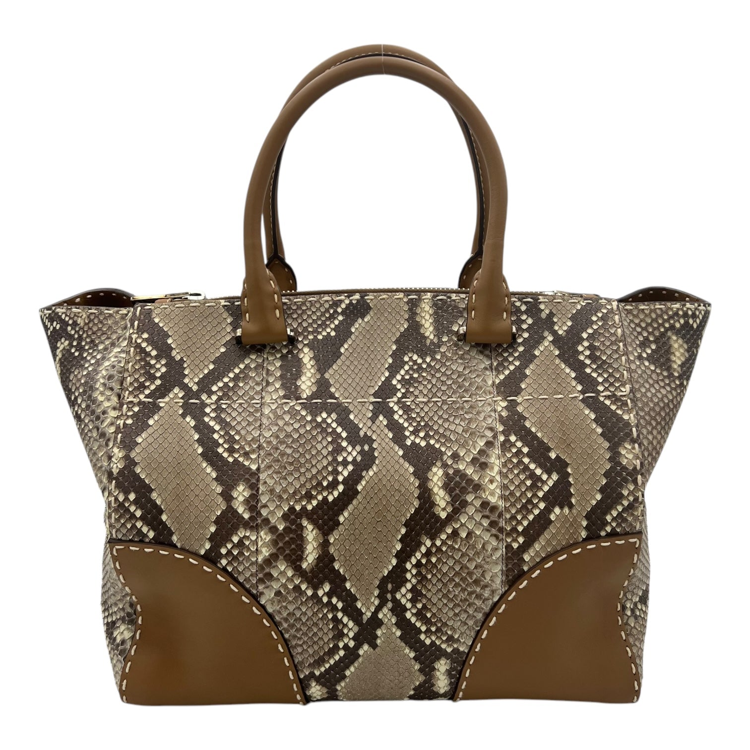 Logo Top Handle Bag Brown in Python Leather, Silver hardware