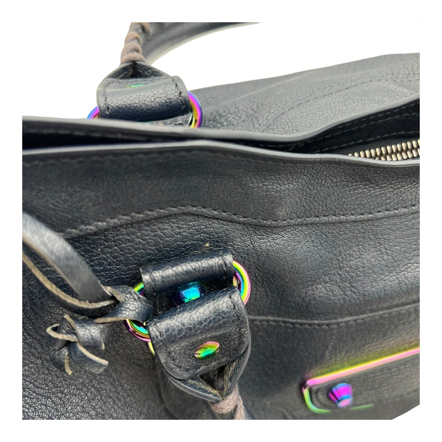 Metallic Edge Medium Blue Top Handle Bag in Goat Leather, Iridescent hardware