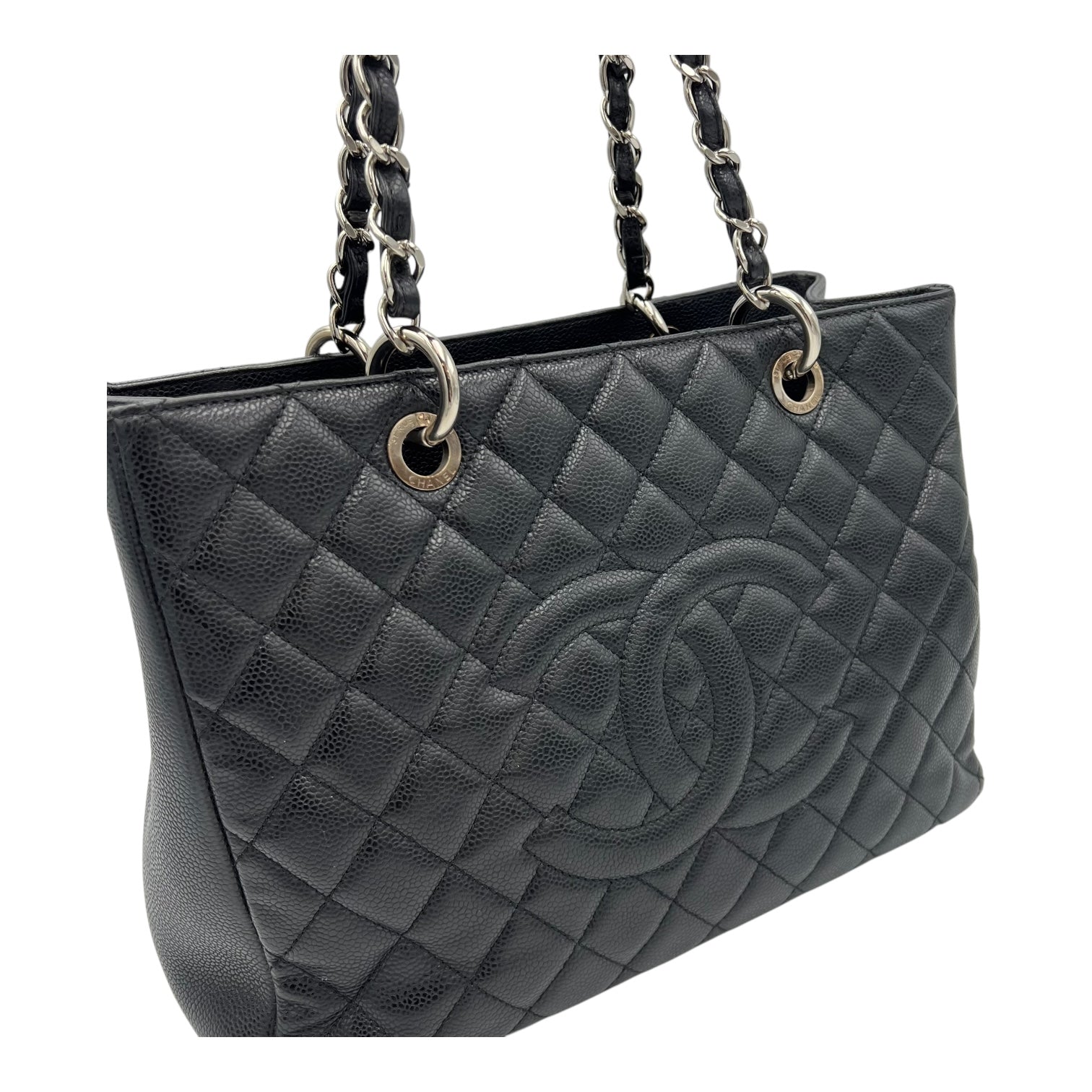 GST Black Tote Bag in Caviar Leather, Silver hardware