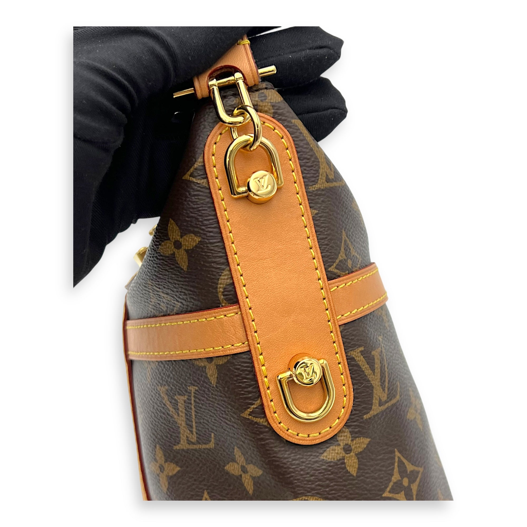 Duffle Brown Top Handle Bag in Monogram Coated Canvas, Gold hardware