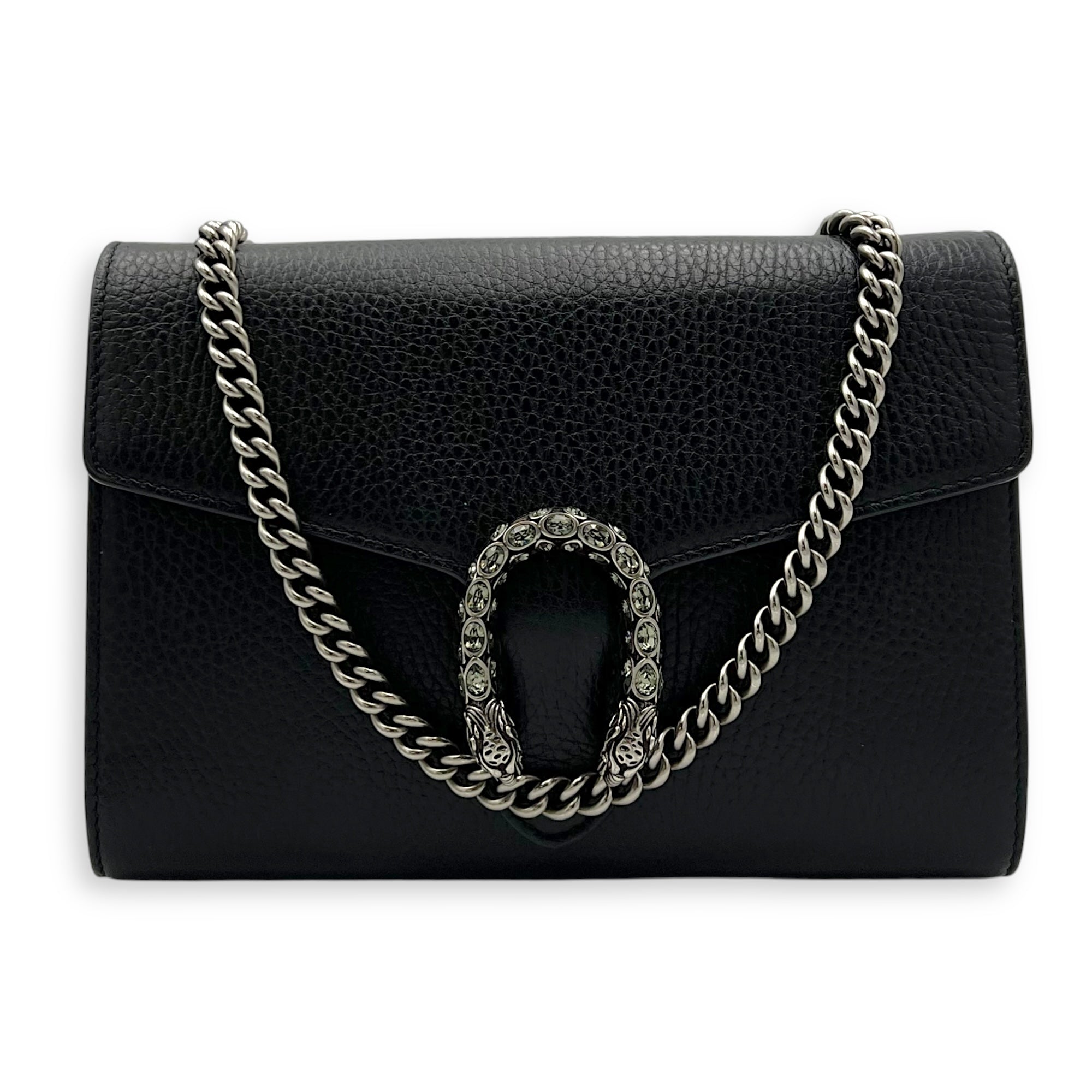 Dionysus Black Wallet On Chain in Calfskin, Silver hardware