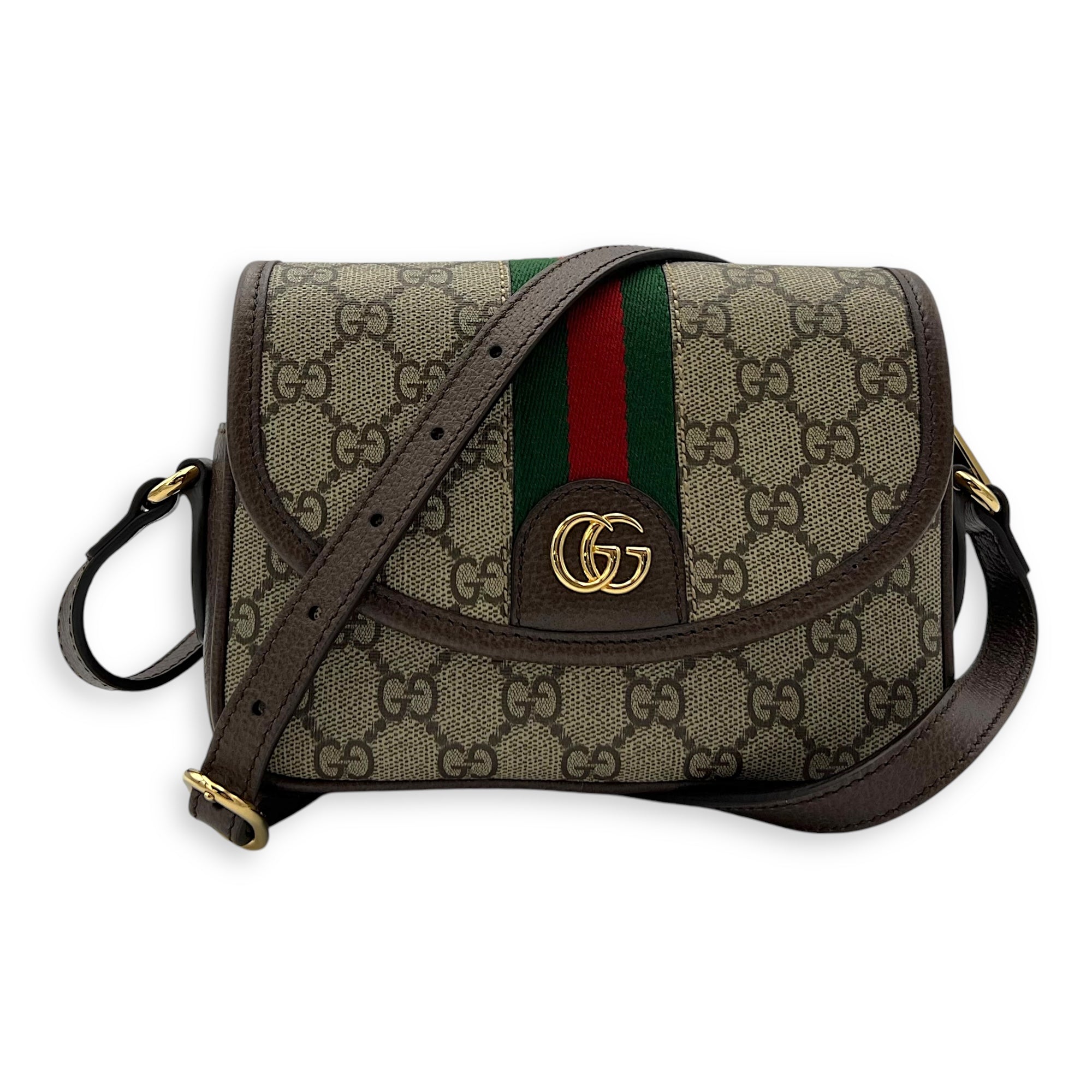 Ophidia Brown Crossbody Bag in Coated Canvas, Gold hardware