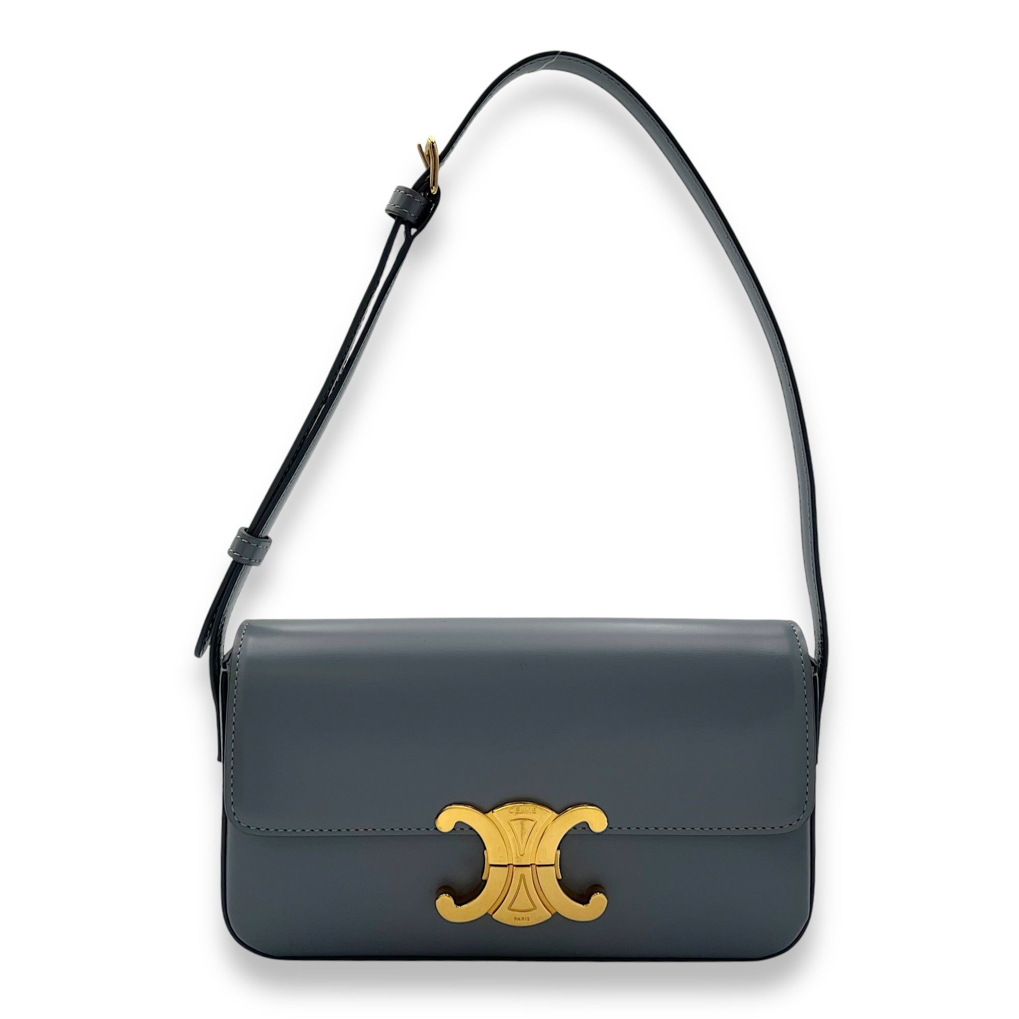 Triomphe Shoulder Bag Blue Grey in Calfskin, Gold hardware