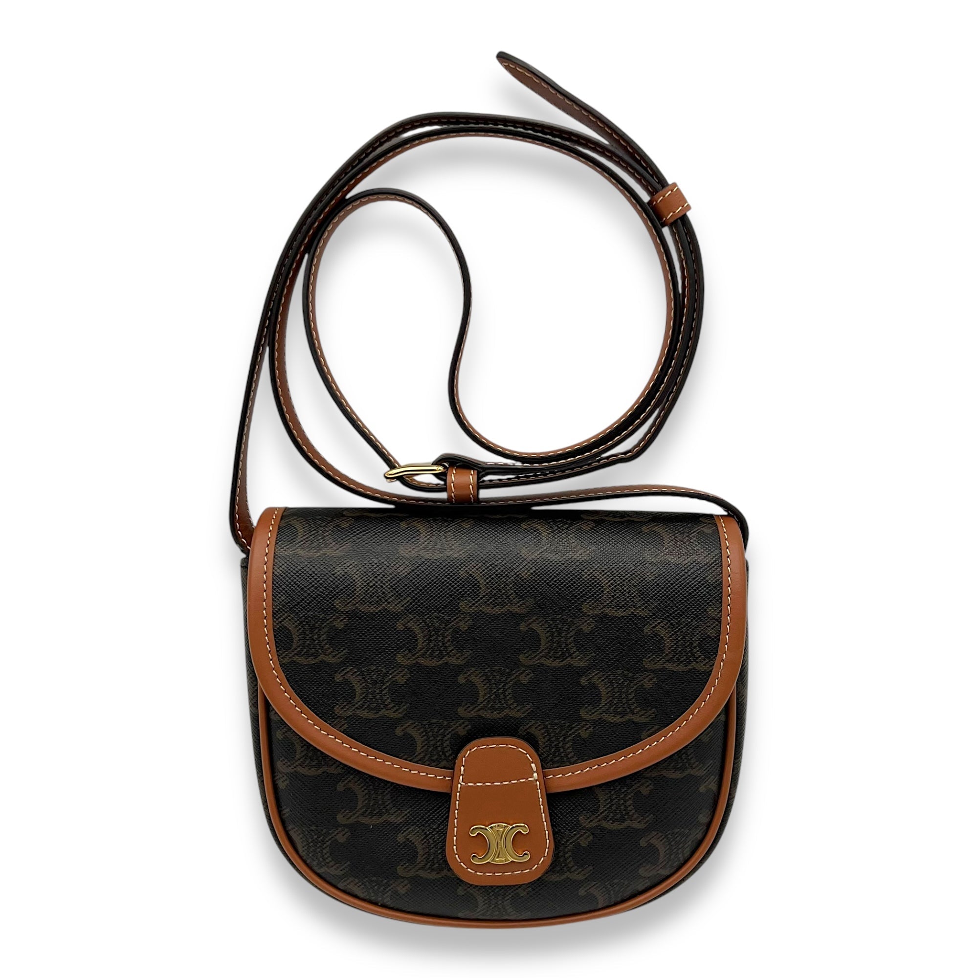 Besace Crossbody Bag Mini Brown in Coated Canvas, Gold hardware