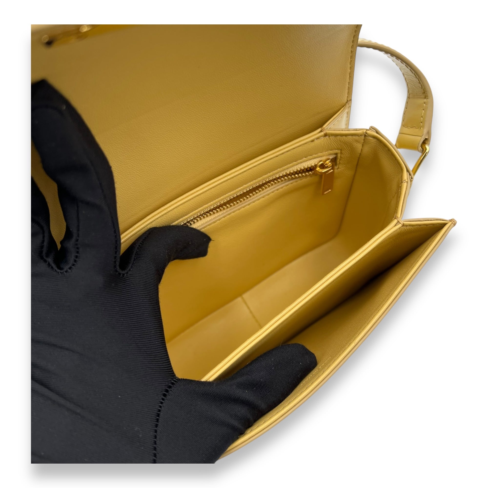 Triomphe Crossbody Bag Teen Yellow in Calfskin, Gold hardware