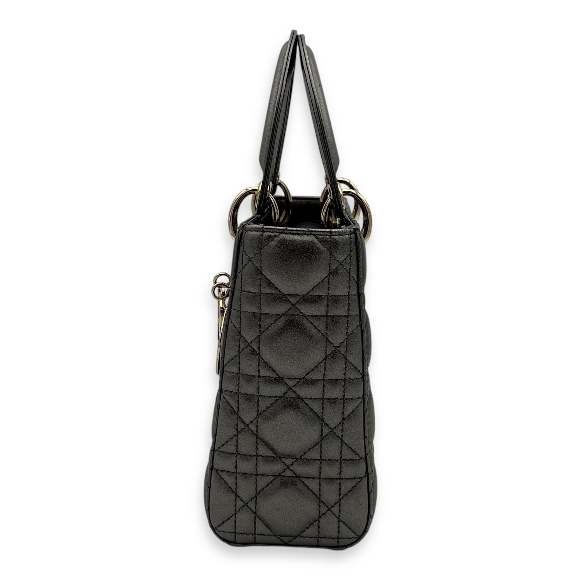 Lady Dior Small Grey Top Handle Bag in Calfskin, Gold hardware