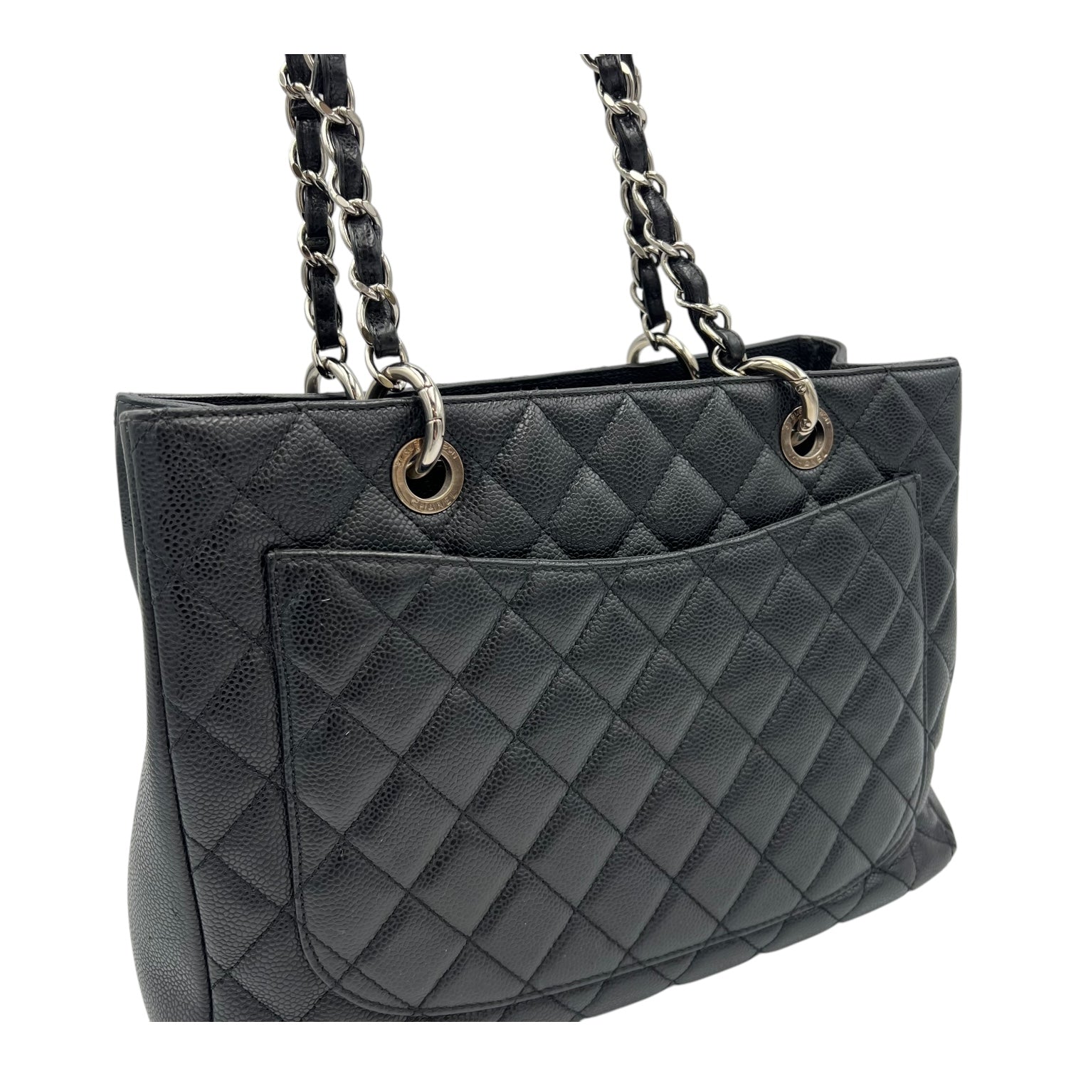 GST Black Tote Bag in Caviar Leather, Silver hardware