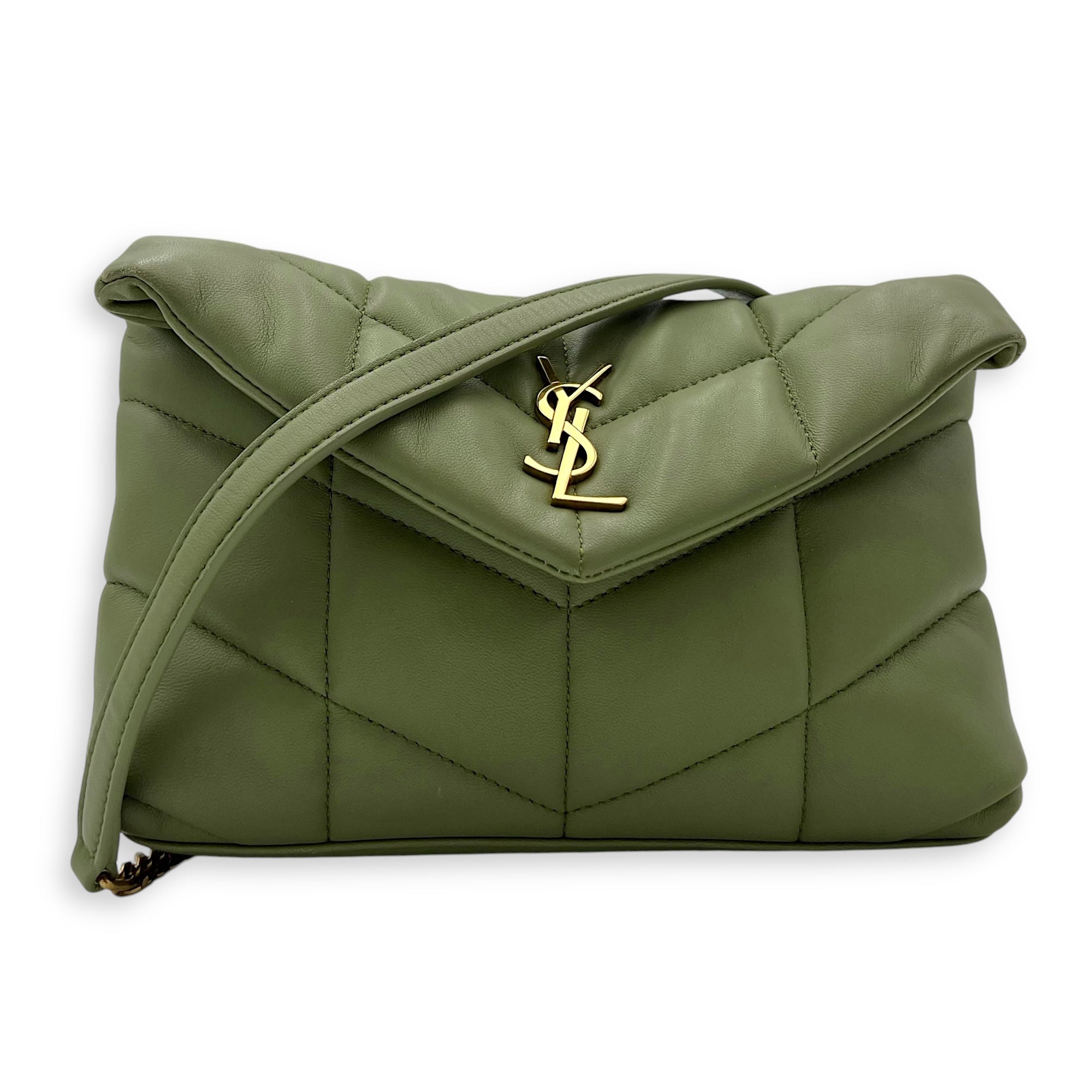 Puffer Mini Green Crossbody Bag in Lambskin, Gold hardware