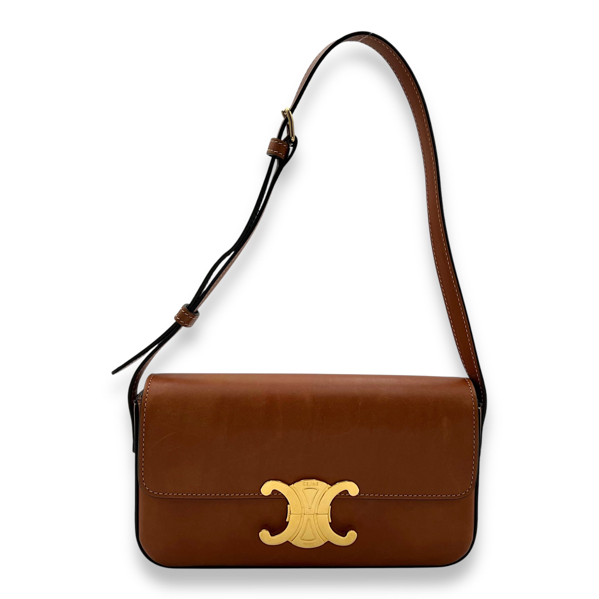 Triomphe Shoulder Bag Brown in Calfskin, Gold hardware