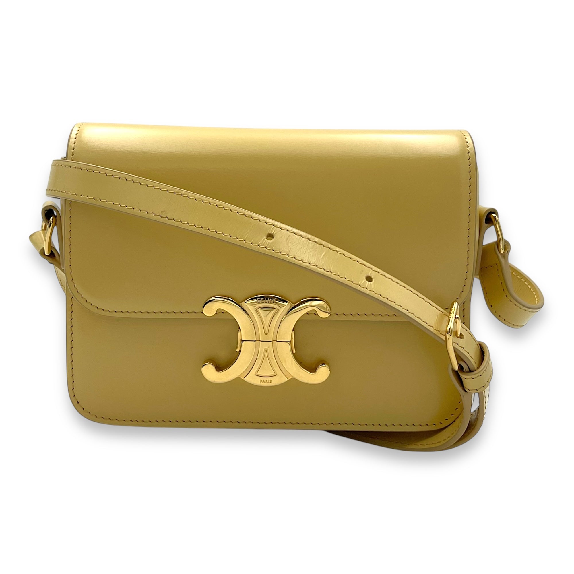Triomphe Crossbody Bag Teen Yellow in Calfskin, Gold hardware
