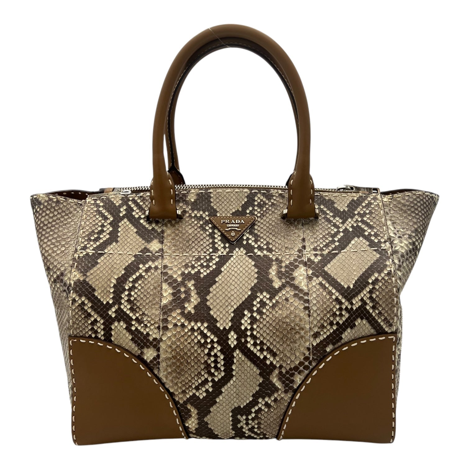 Logo Top Handle Bag Brown in Python Leather, Silver hardware