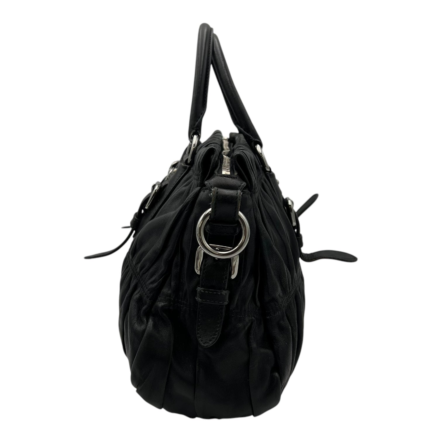 Gaufre Top Handle Bag Black in Lambskin, Silver hardware