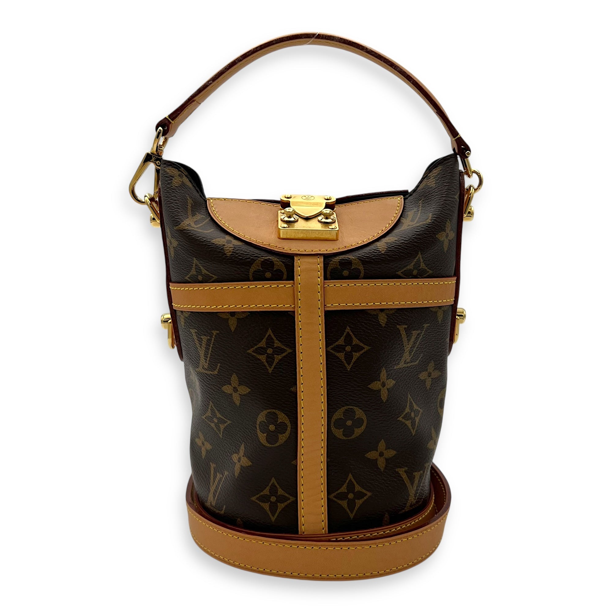 Duffle Brown Top Handle Bag in Monogram Coated Canvas, Gold hardware