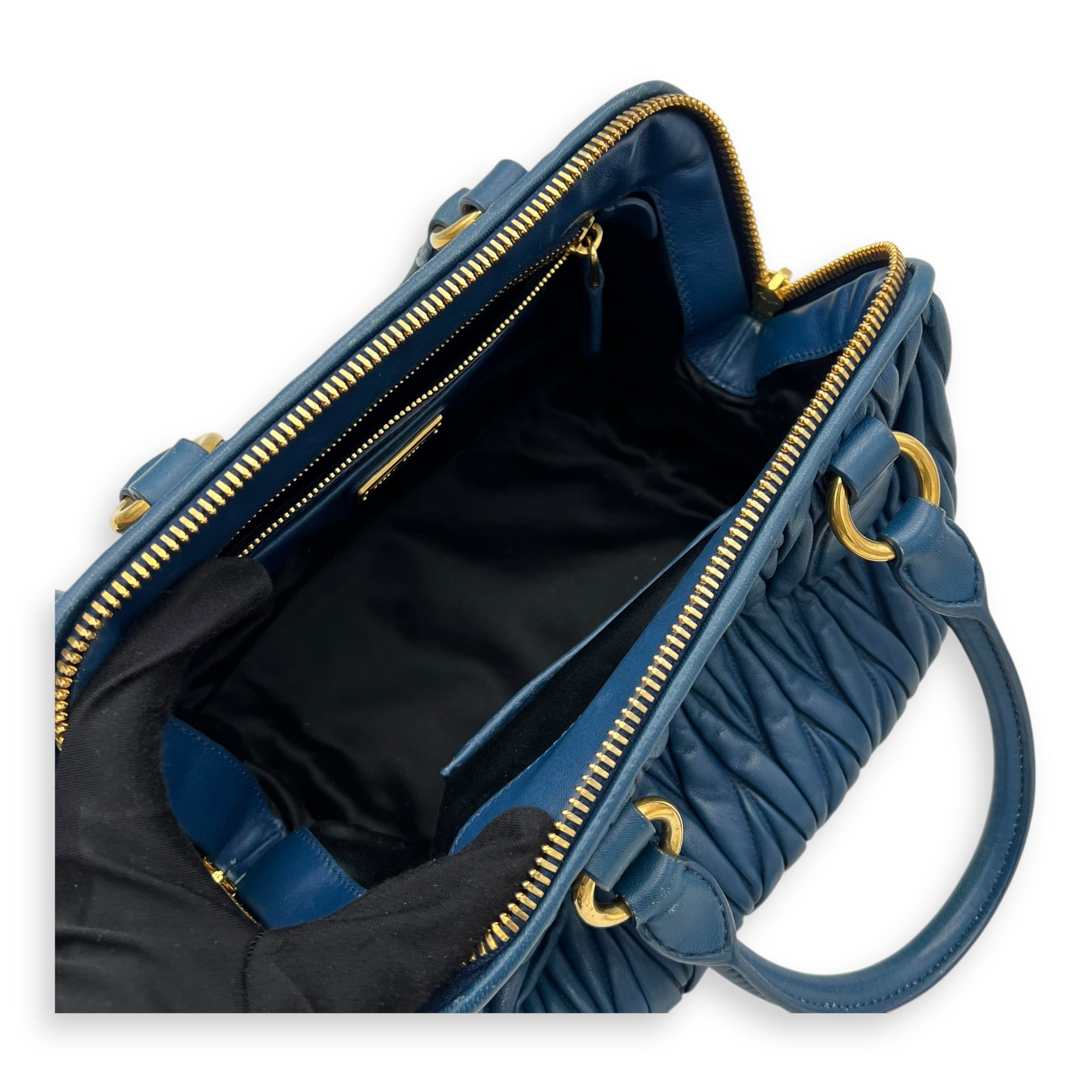 Gaufre Top Handle Bag Blue in Calfskin, Gold hardware