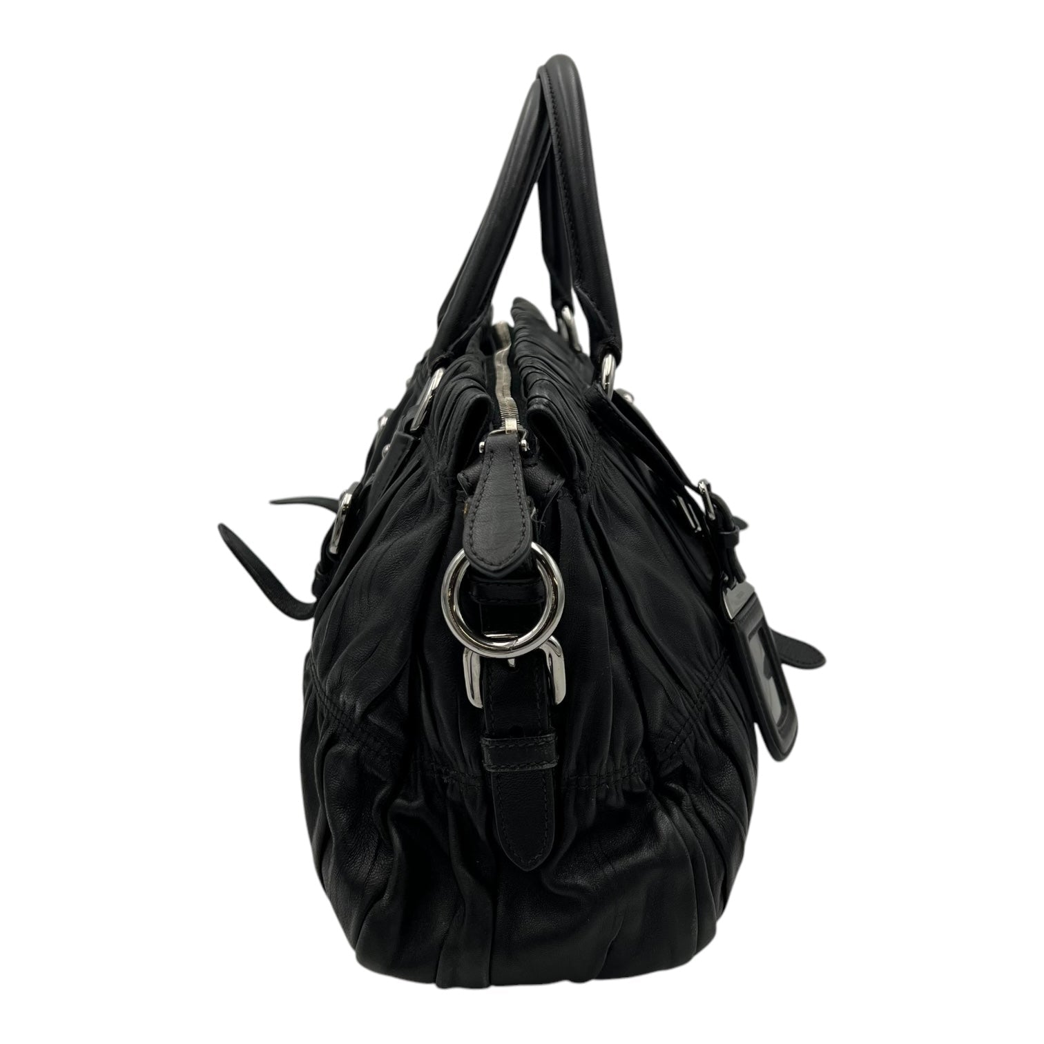 Gaufre Top Handle Bag Black in Lambskin, Silver hardware