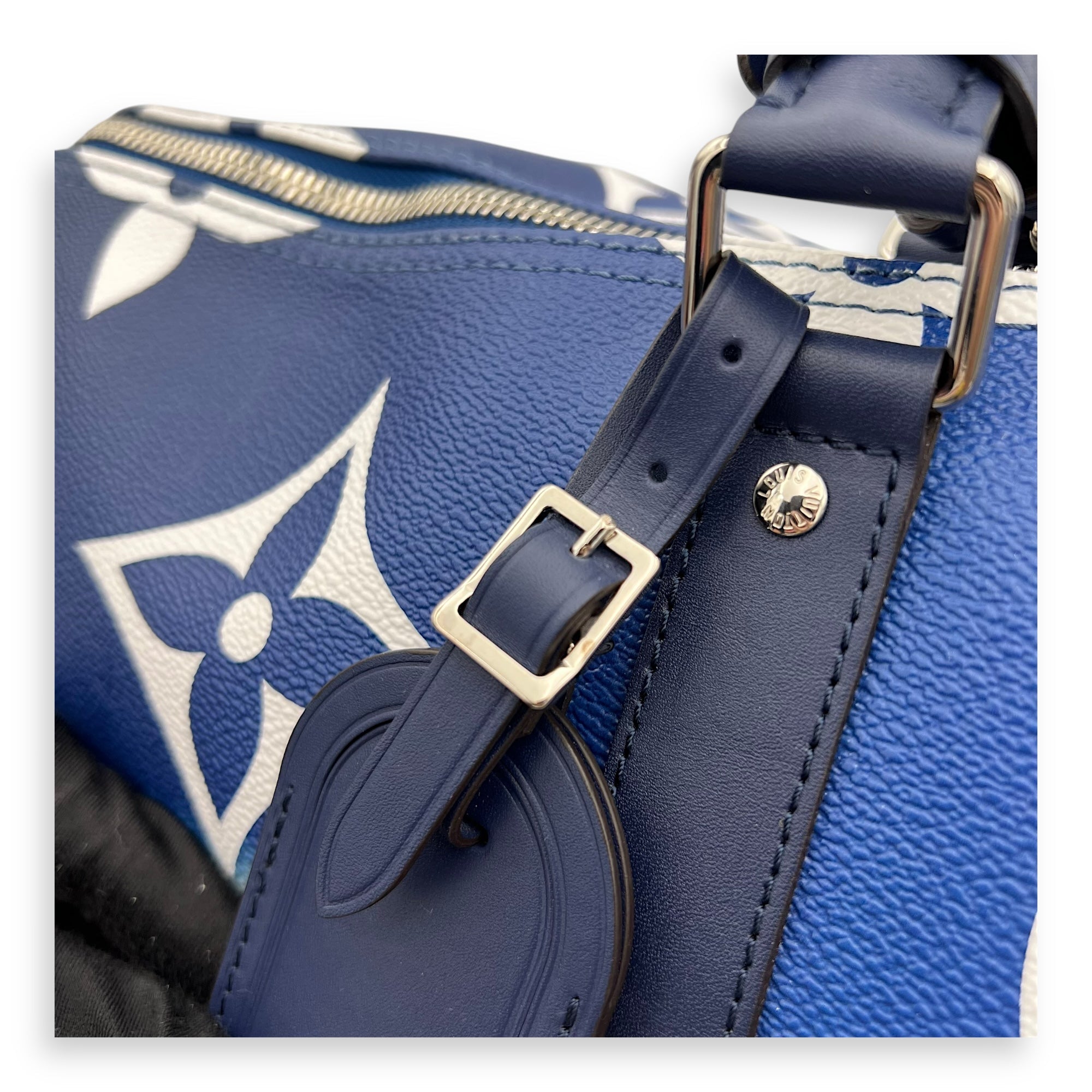 Keepall Bandoulière 50 Blue Top Handle Bag in Coated Canvas, Silver hardware