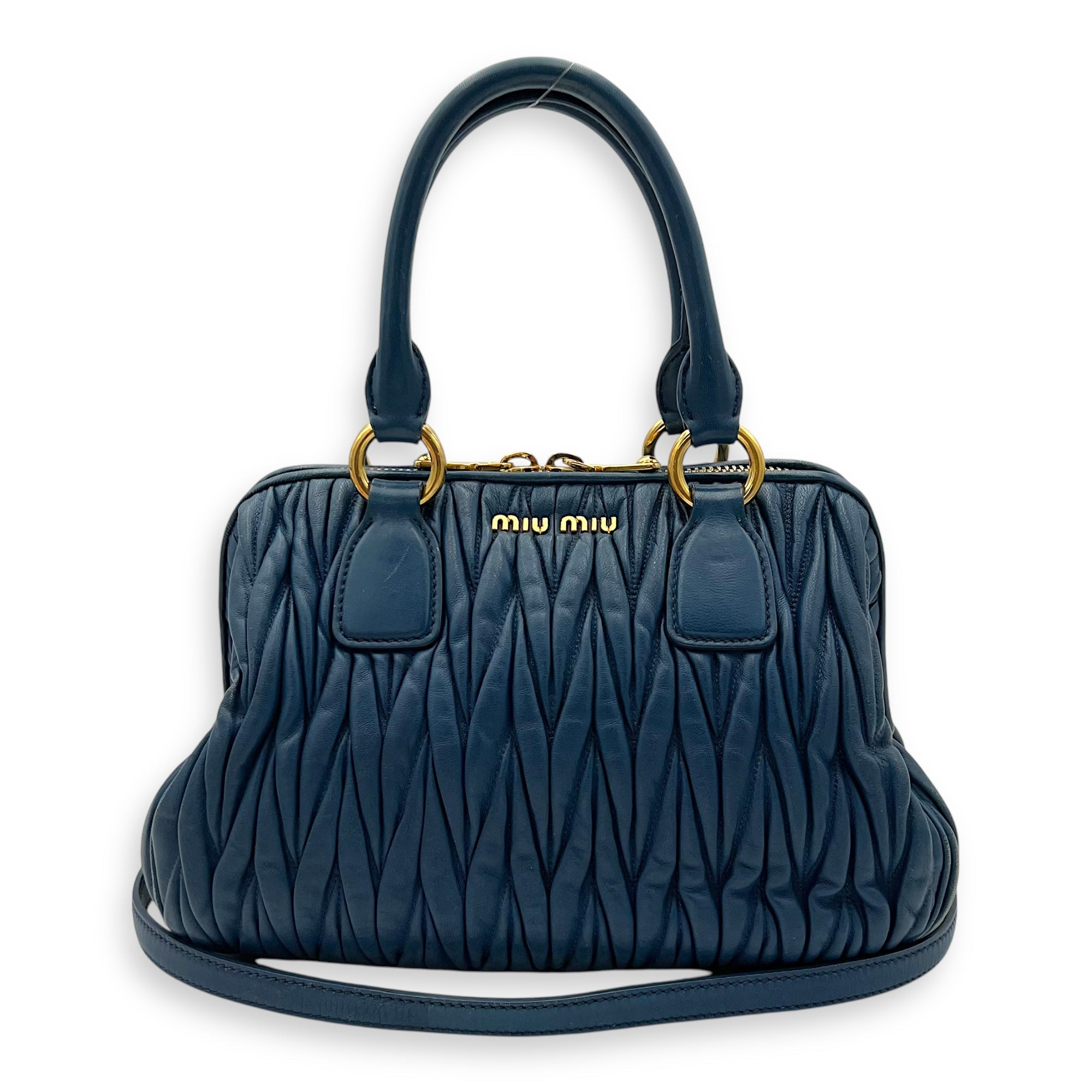 Gaufre Top Handle Bag Blue in Calfskin, Gold hardware