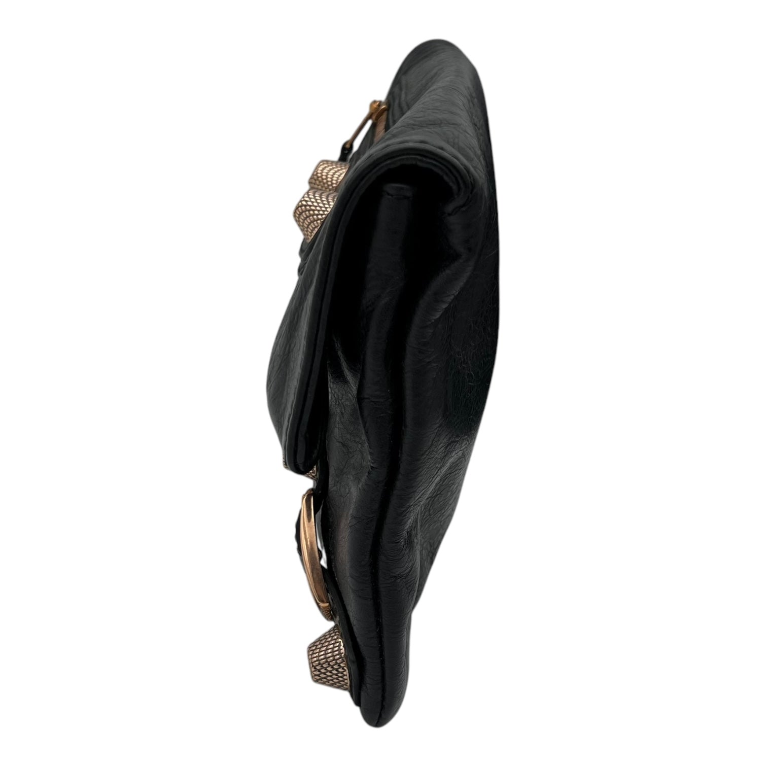 Giant City Clutch Black in Distressed Leather, Rose Gold hardware