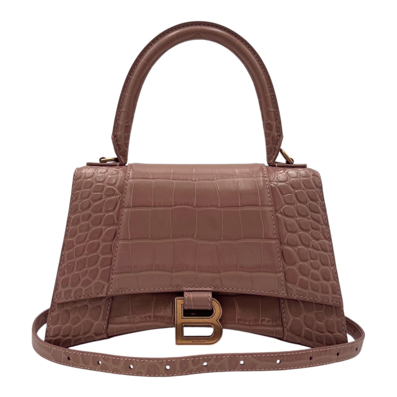 Hourglass Top Handle Bag Beige in Crocodile Embossed Calfskin, Silver hardware