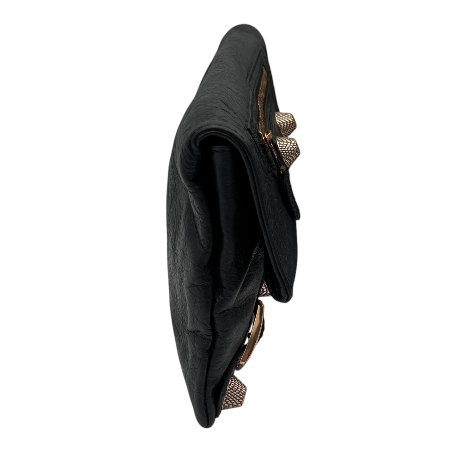 Giant City Clutch Black in Distressed Leather, Rose Gold hardware