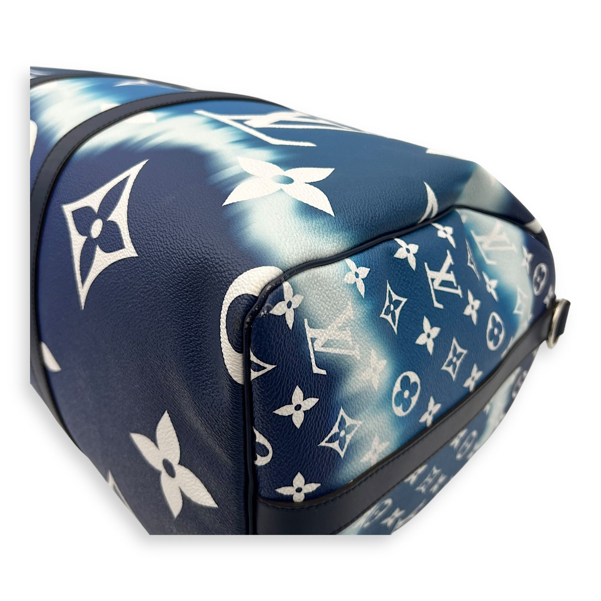 Keepall Bandoulière 50 Blue Top Handle Bag in Coated Canvas, Silver hardware