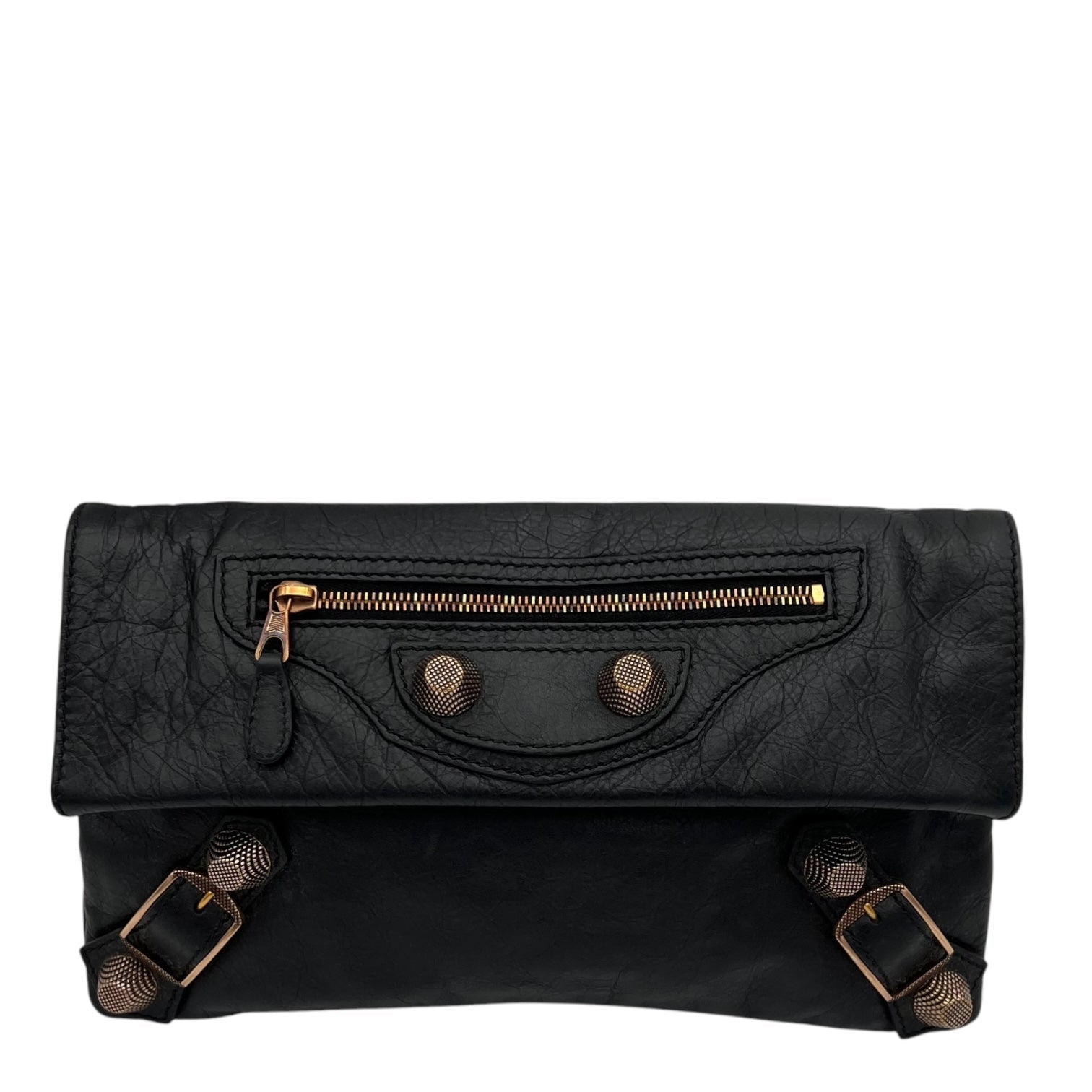 Giant City Clutch Black in Distressed Leather, Rose Gold hardware