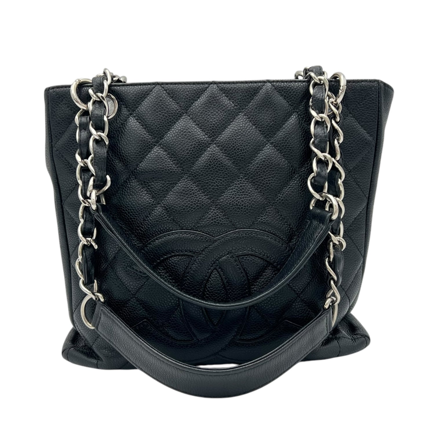PST Tote Bag Black in Caviar Leather, Silver hardware