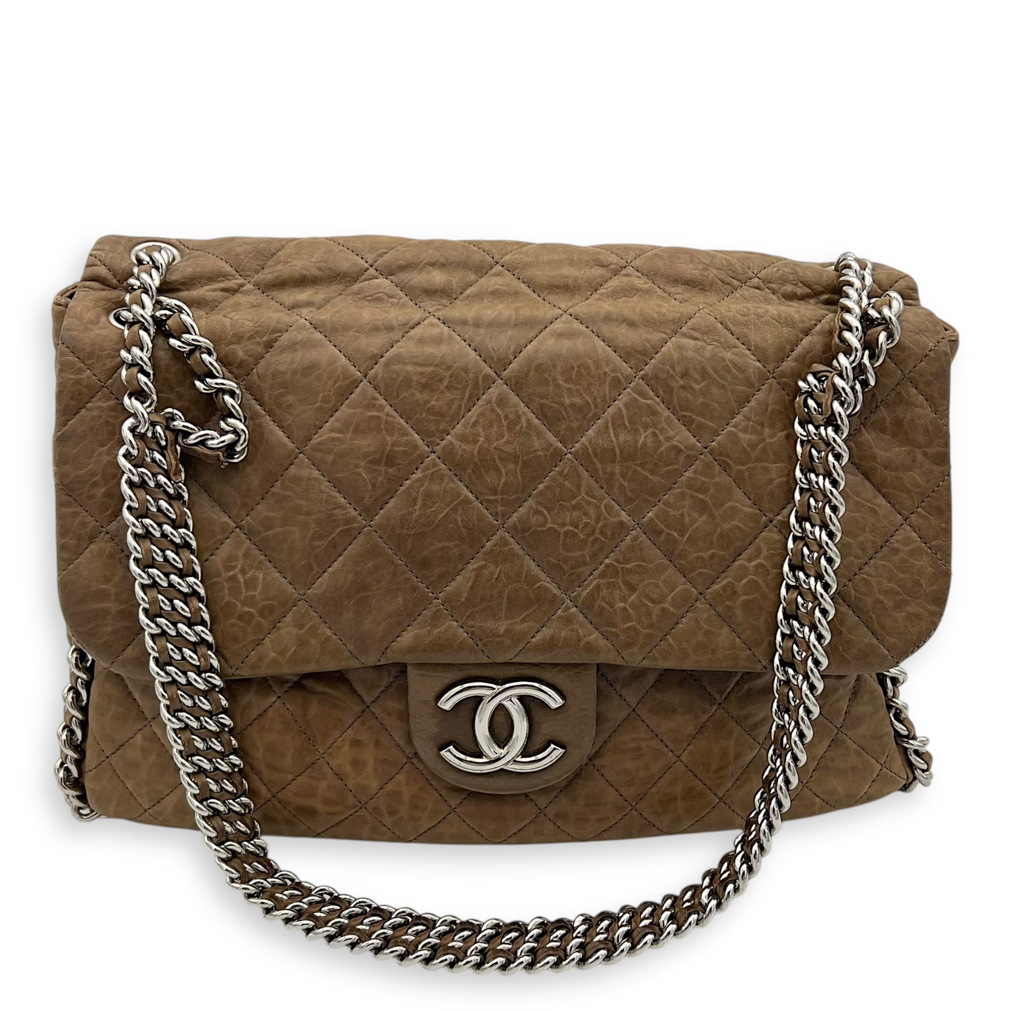 CC Shoulder Bag Brown in Calfskin, Silver hardware