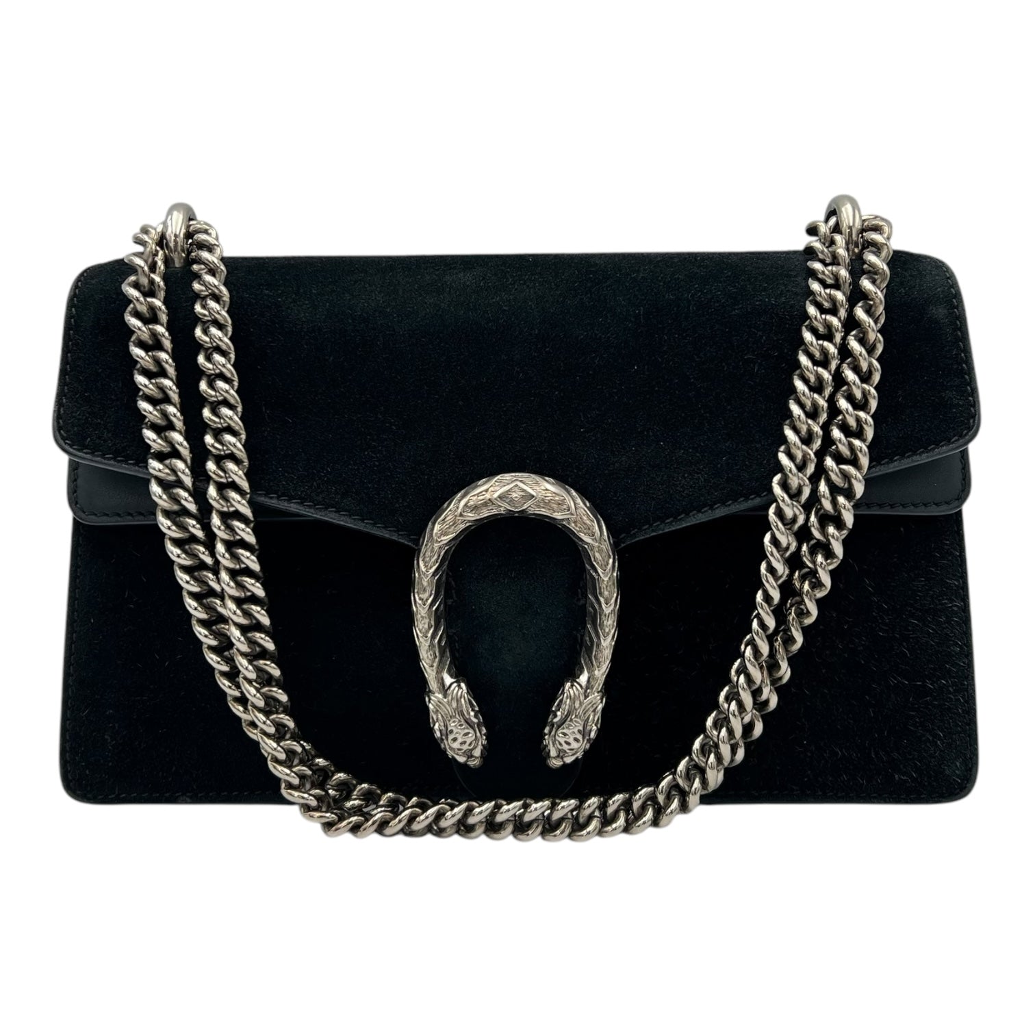 Dionysus Shoulder Bag Small Black in Suede Leather, Silver hardware