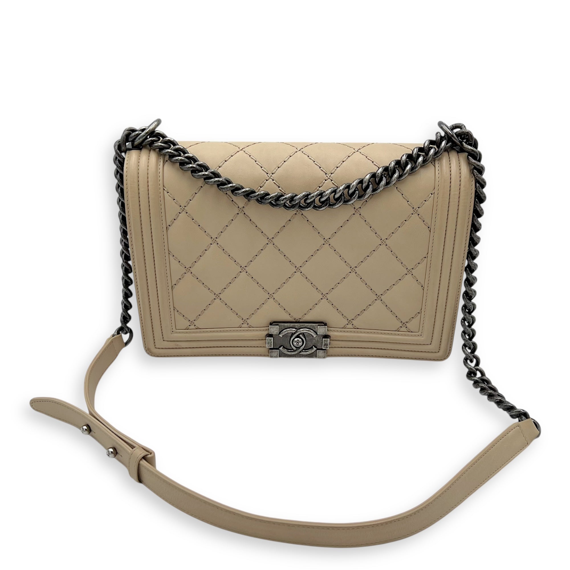Boy Medium Beige Shoulder Bag in Calfskin, Gunmetal hardware