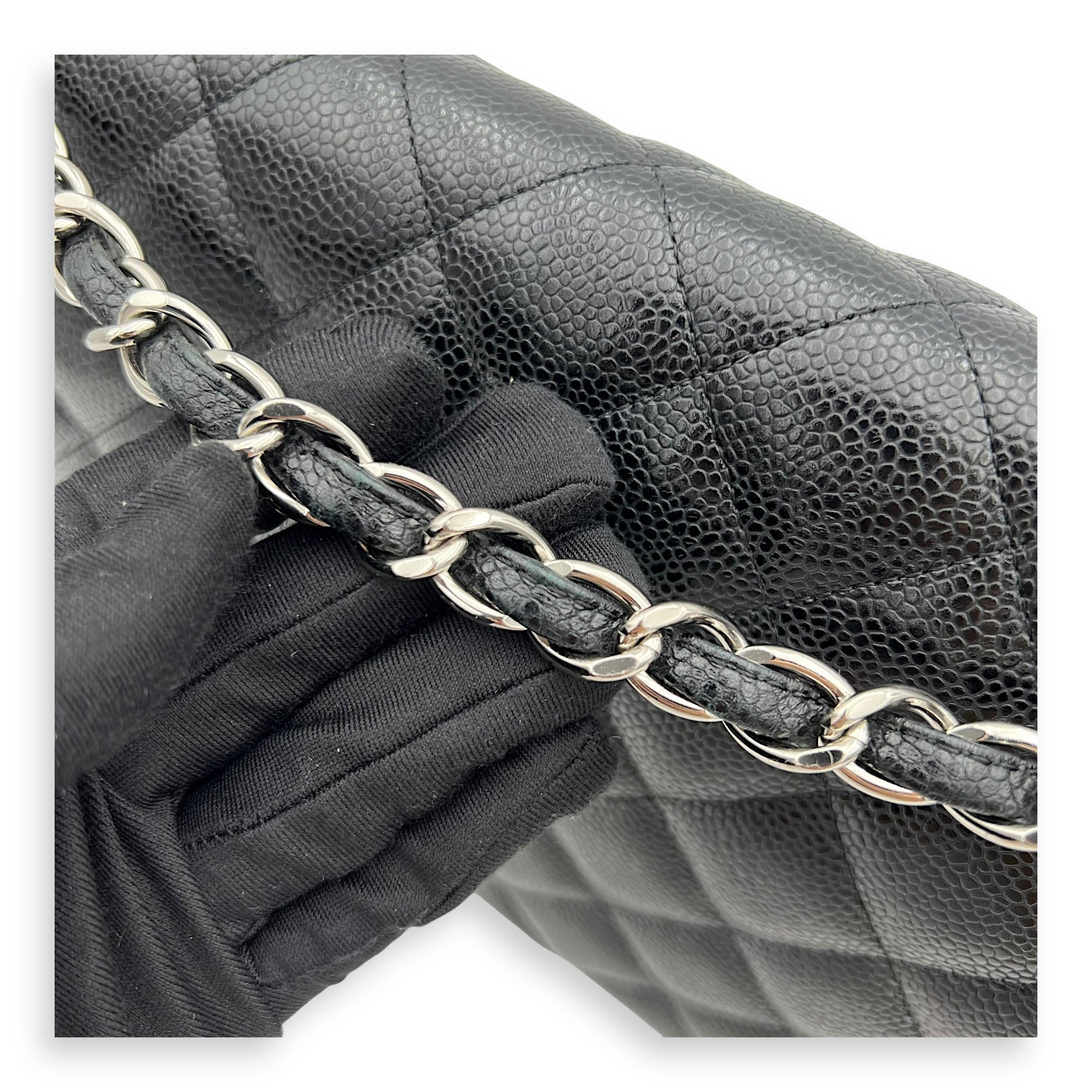 Classic Double Flap Maxi Black Shoulder Bag in Caviar Leather, Silver hardware