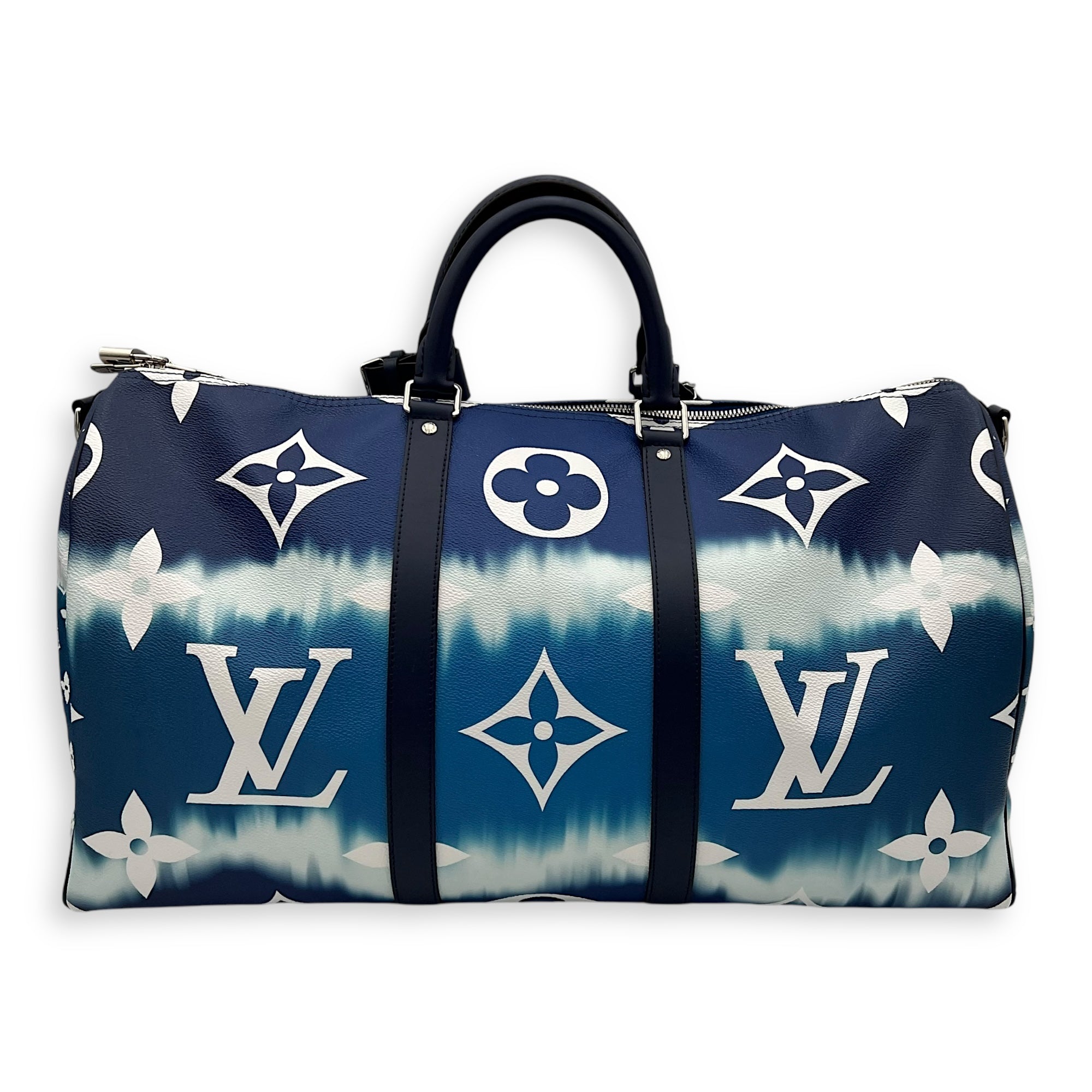 Keepall Bandoulière 50 Blue Top Handle Bag in Coated Canvas, Silver hardware