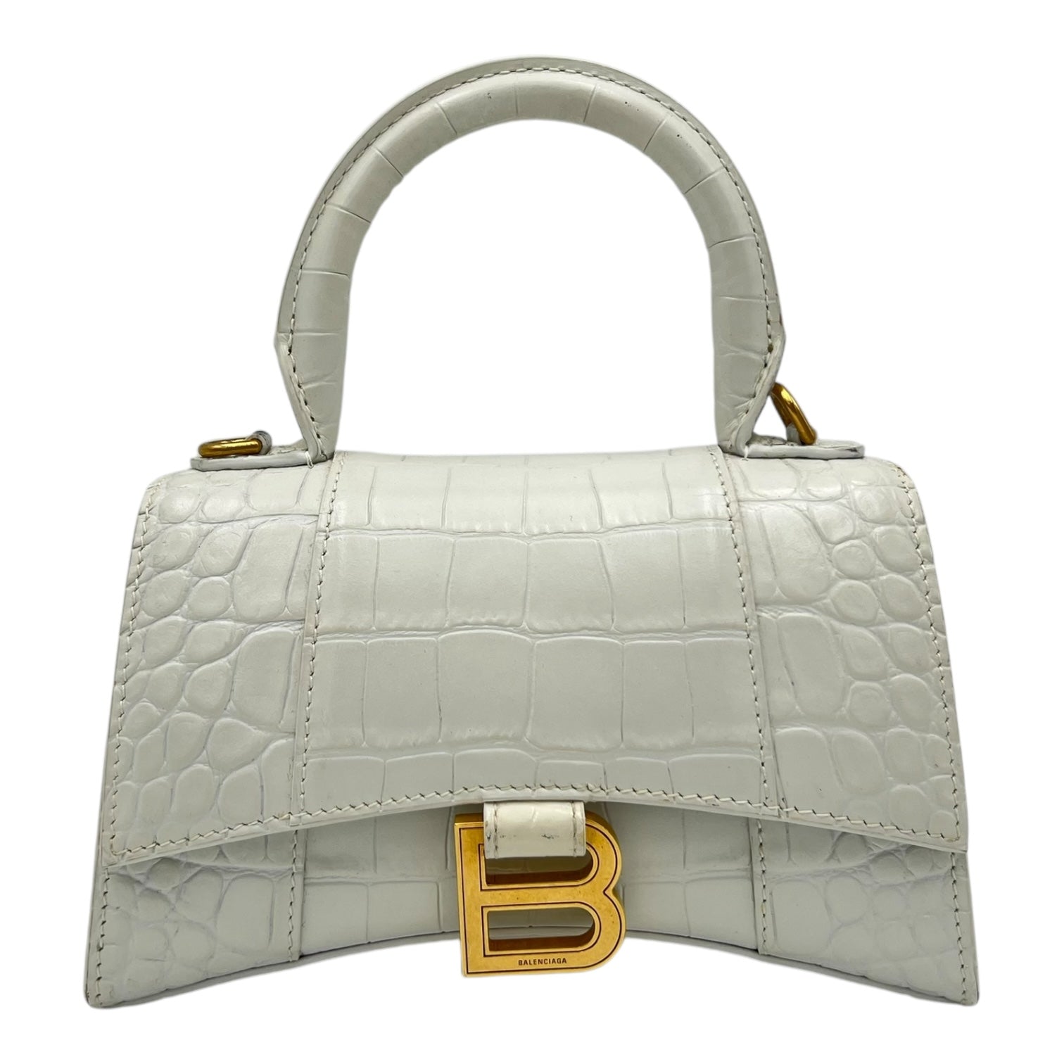 Hourglass Top Handle Bag White in Crocodile Embossed Calfskin, Silver hardware