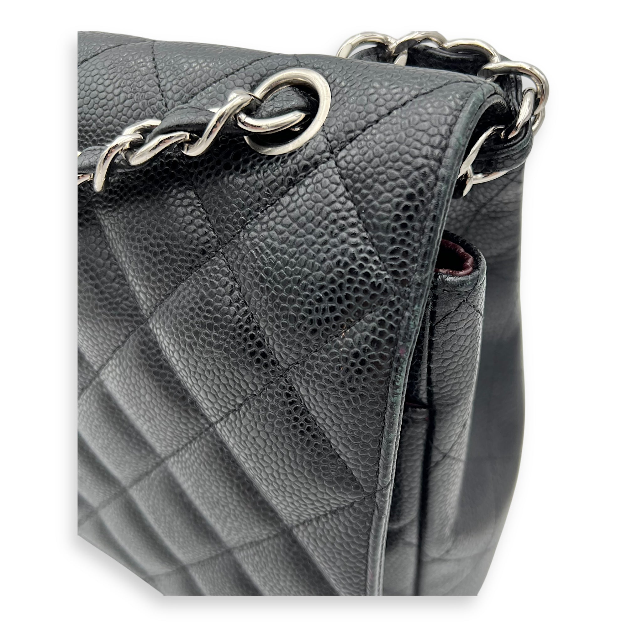 Classic Double Flap Maxi Black Shoulder Bag in Caviar Leather, Silver hardware
