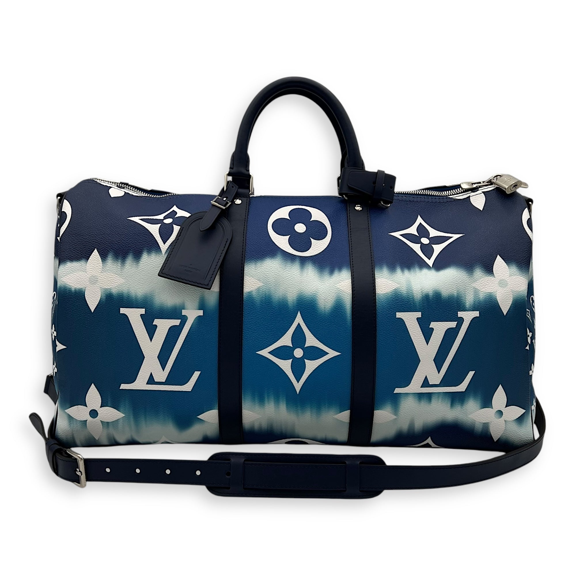 Keepall Bandoulière 50 Blue Top Handle Bag in Coated Canvas, Silver hardware