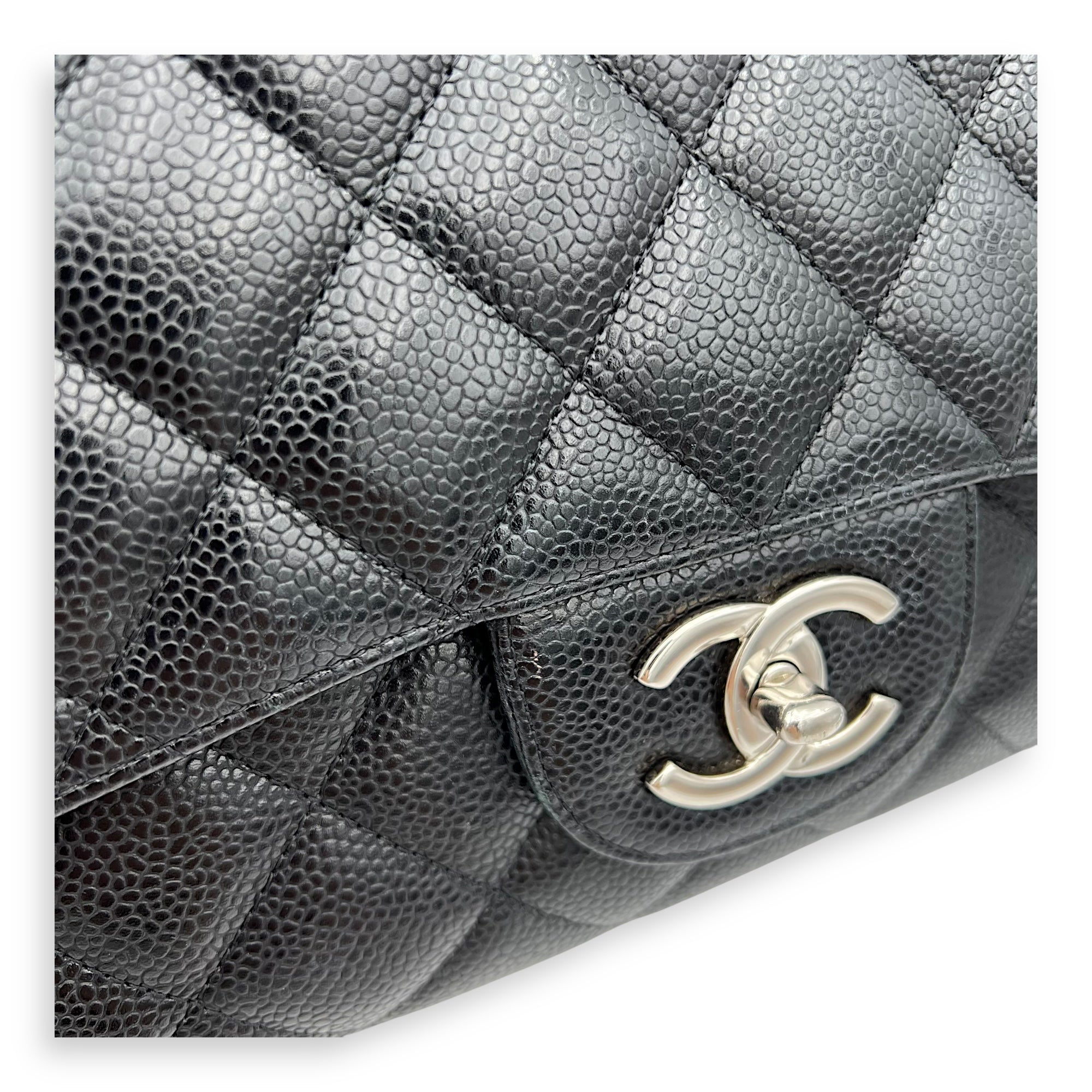 Classic Double Flap Maxi Black Shoulder Bag in Caviar Leather, Silver hardware