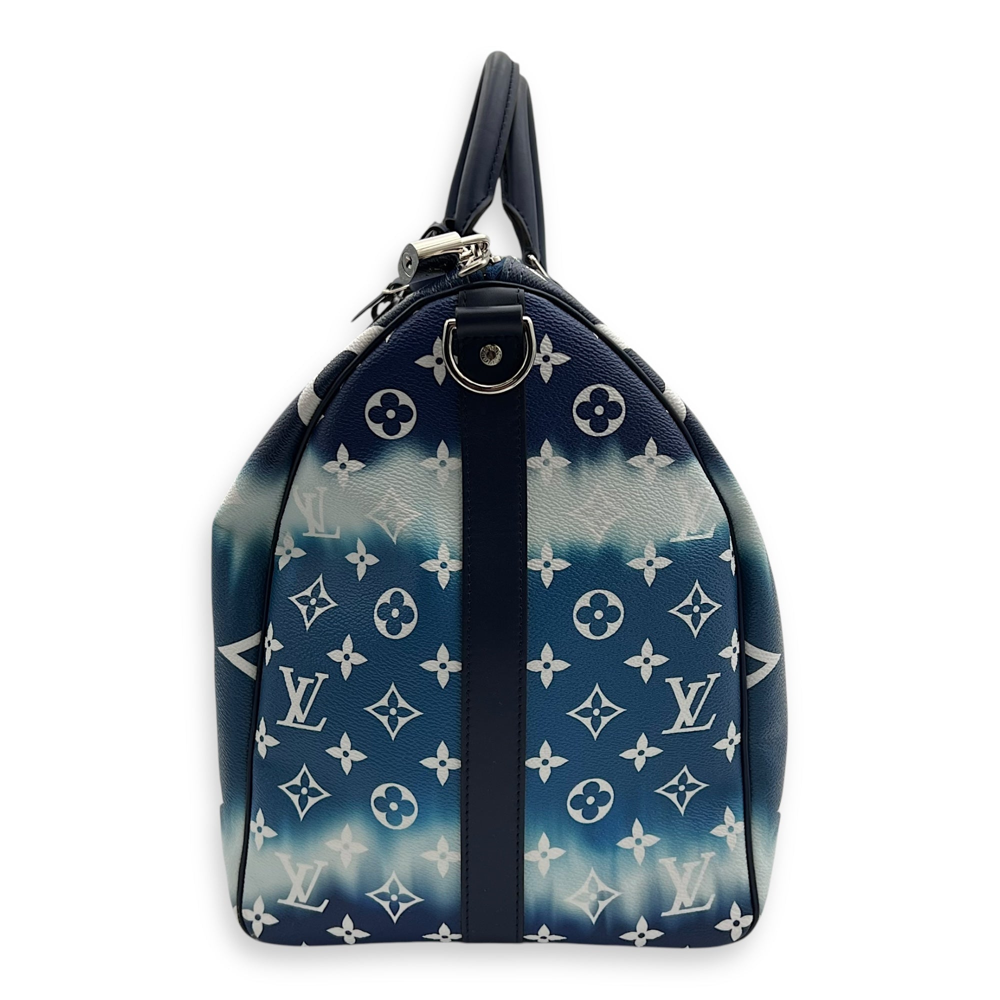 Keepall Bandoulière 50 Blue Top Handle Bag in Coated Canvas, Silver hardware