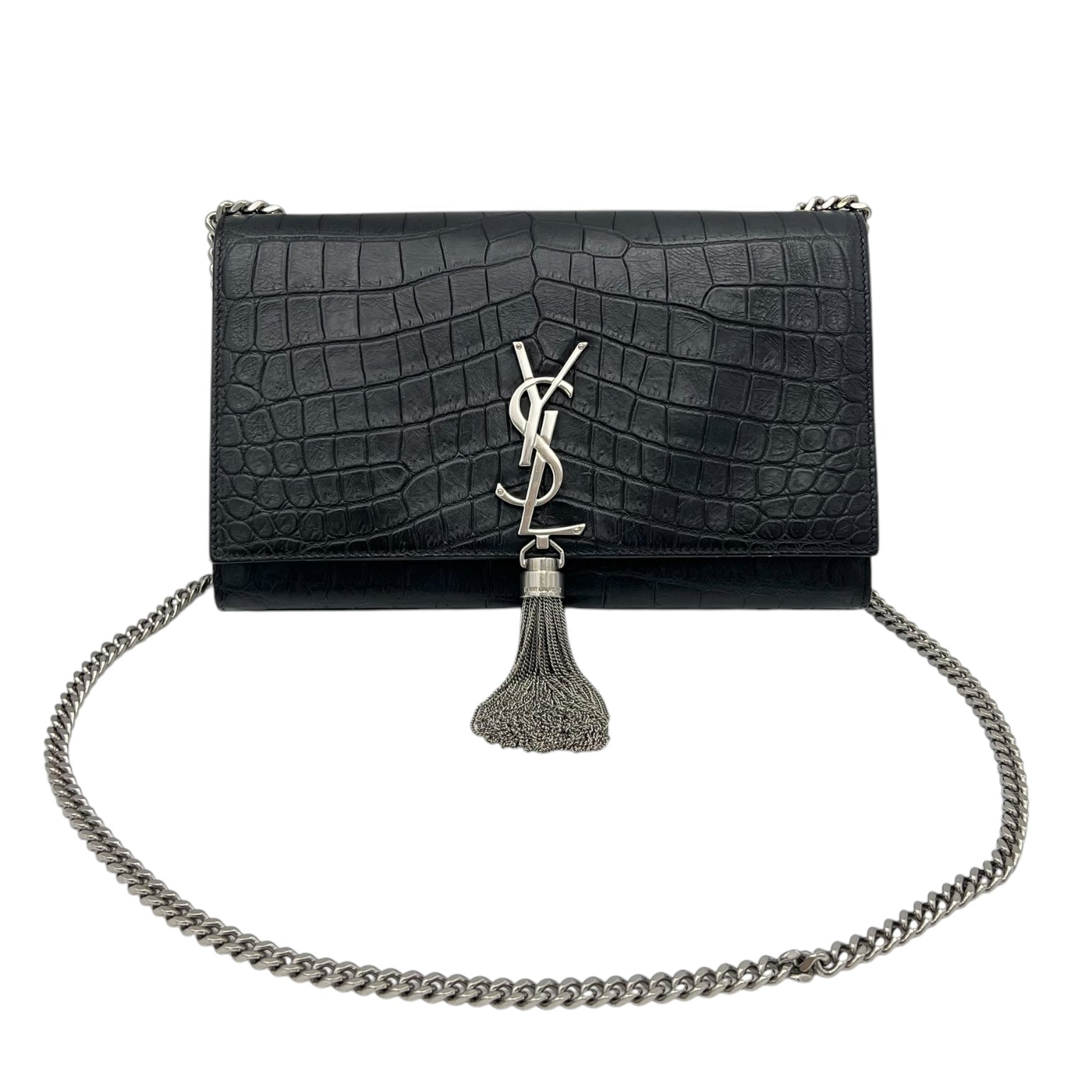 Kate Crossbody Bag Black in Crocodile Embossed Calfskin, Silver hardware