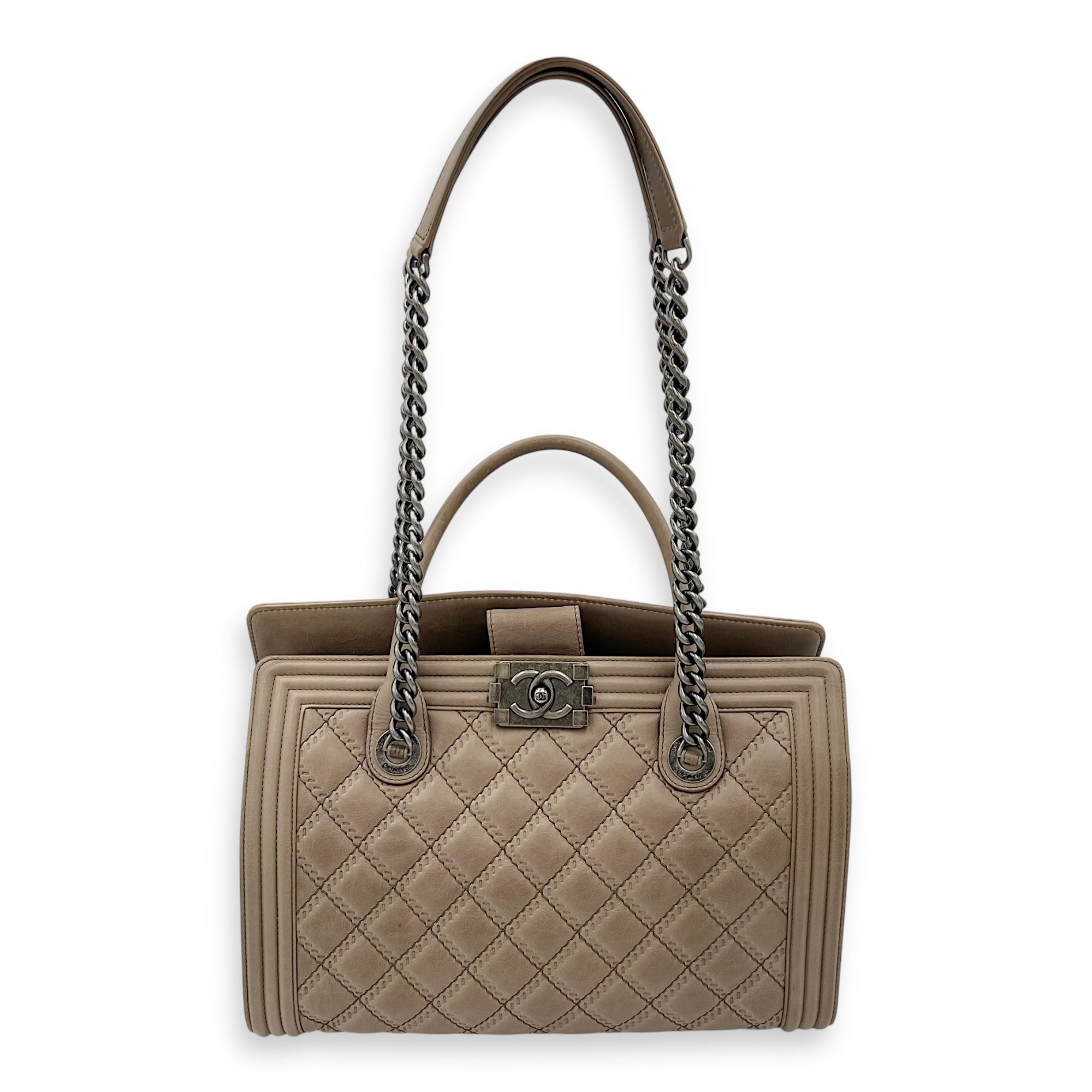 Boy Top Handle Bag Beige in Calfskin, Gunmetal hardware