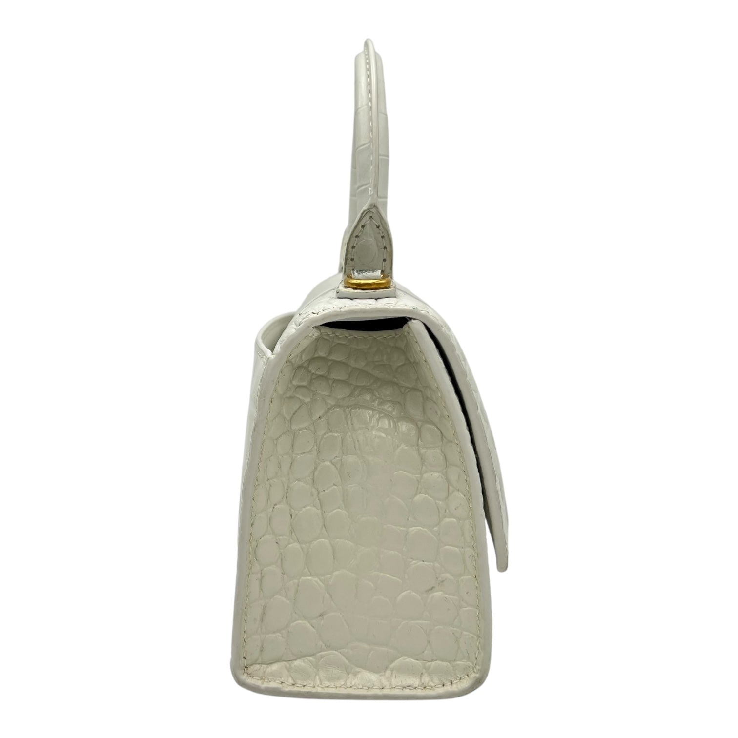 Hourglass Top Handle Bag White in Crocodile Embossed Calfskin, Silver hardware