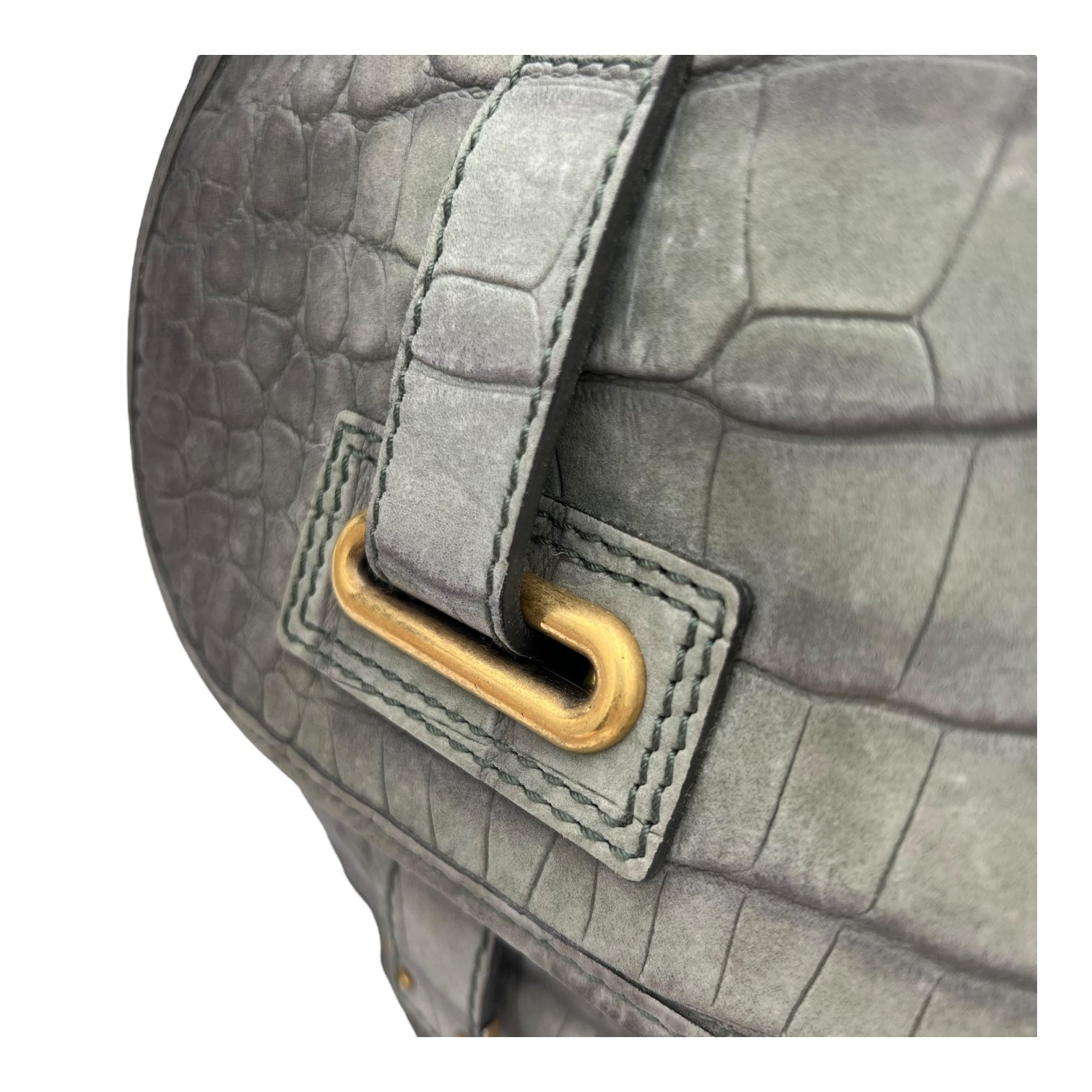 Besace Shoulder Bag Grey in Crocodile Embossed Calfskin, Gold hardware