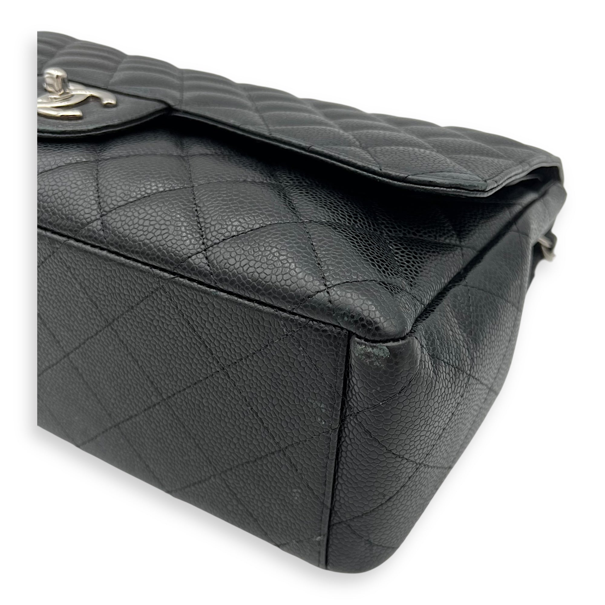 Classic Double Flap Maxi Black Shoulder Bag in Caviar Leather, Silver hardware
