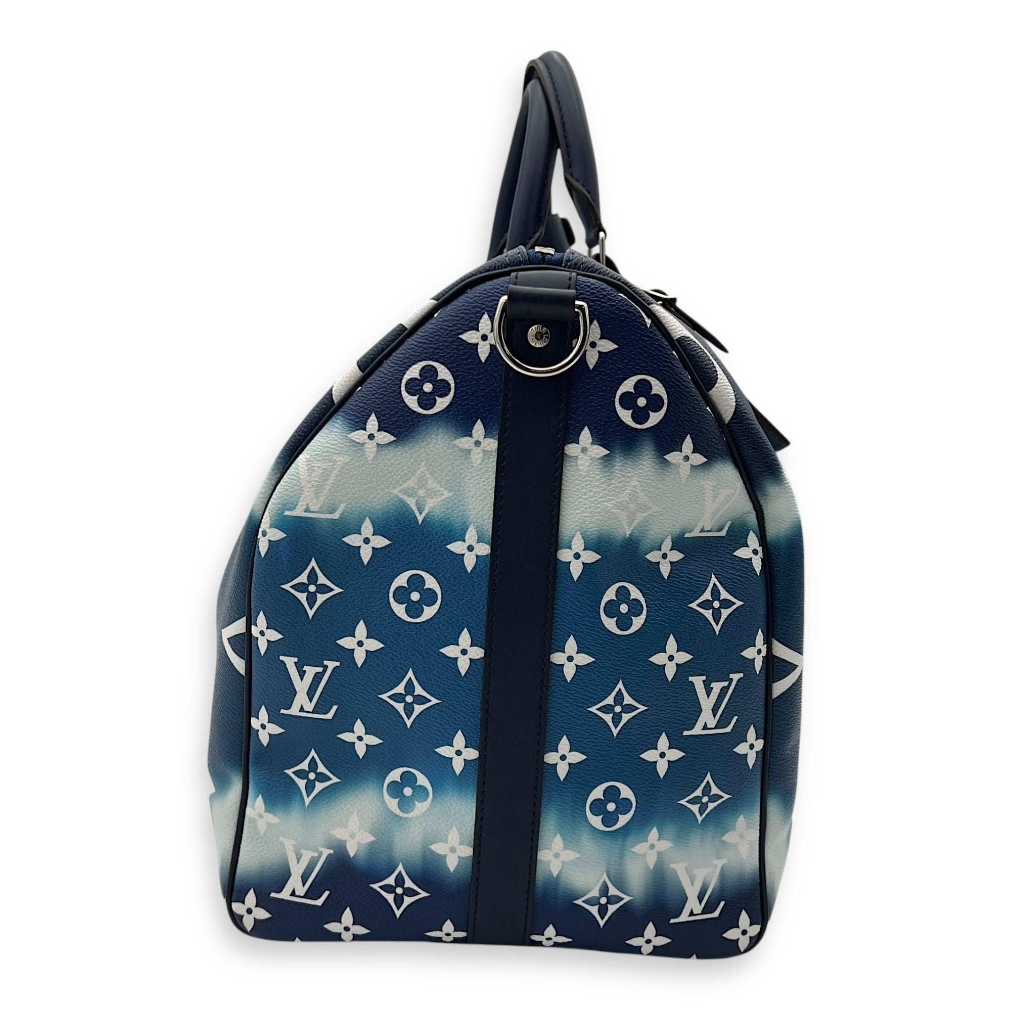 Keepall Bandoulière 50 Blue Top Handle Bag in Coated Canvas, Silver hardware