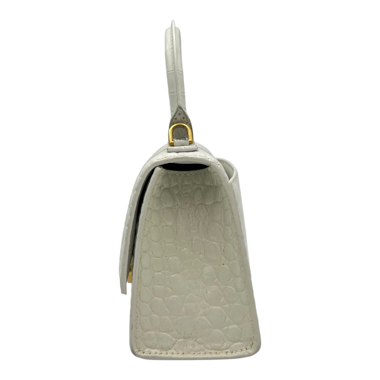 Hourglass Top Handle Bag White in Crocodile Embossed Calfskin, Silver hardware