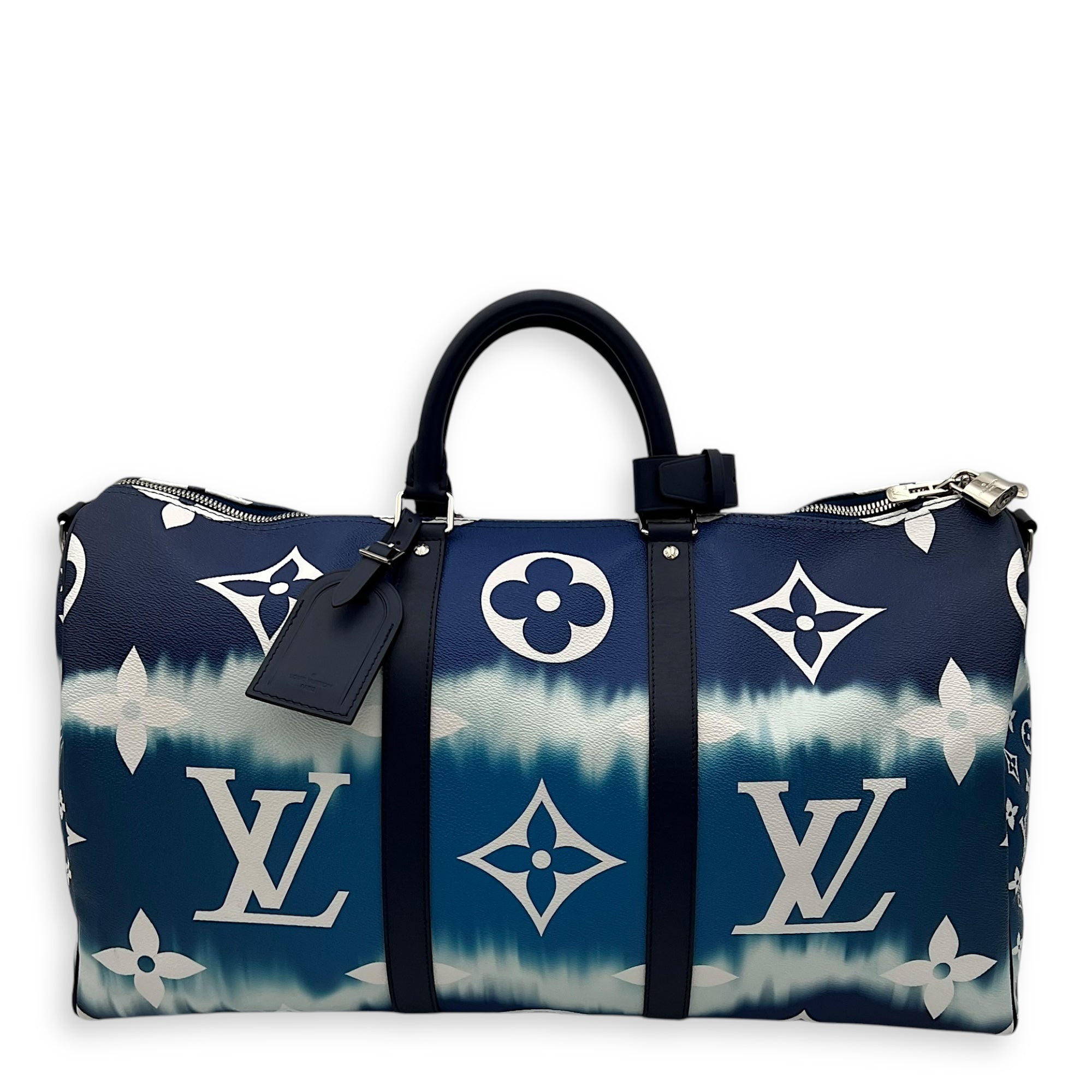 Keepall Bandoulière 50 Blue Top Handle Bag in Coated Canvas, Silver hardware